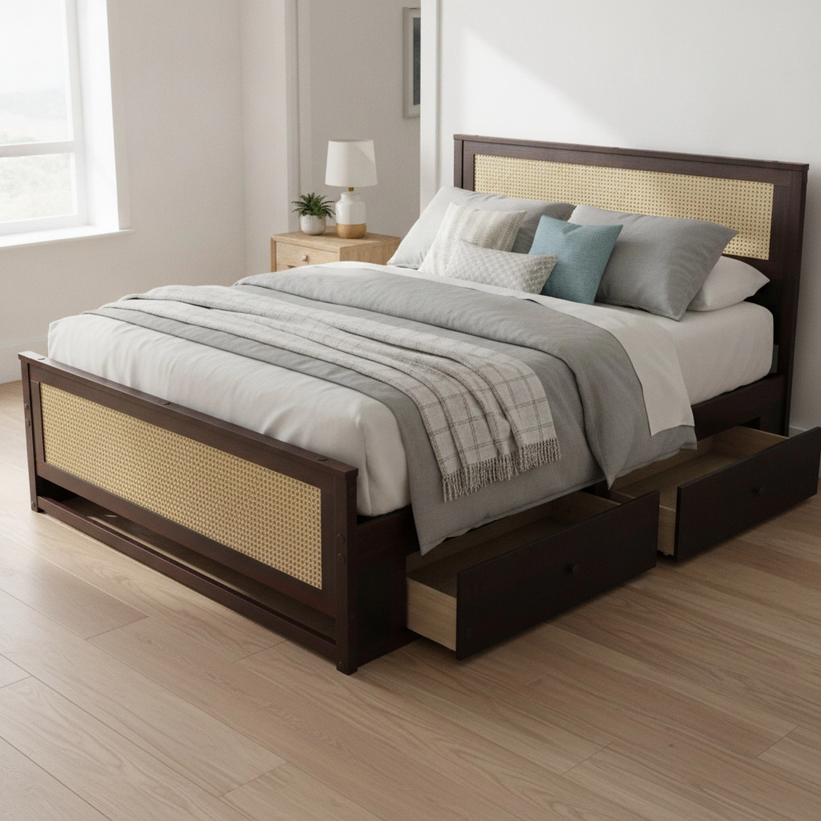 SUGIFT Full Rattan Platform Bed with Woven Boho Headboard and 2 Storage Drawers, Rustic Brown