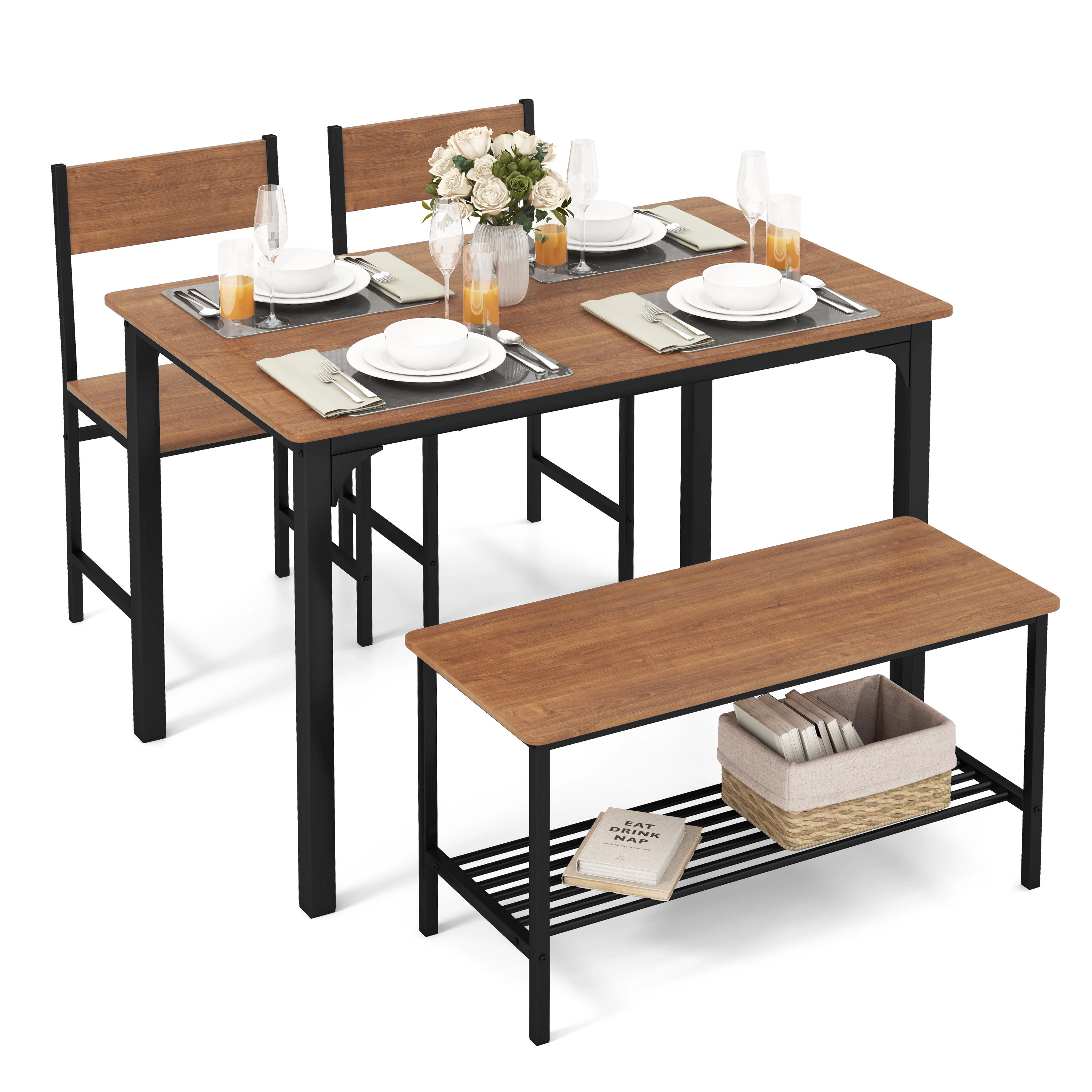 SUGIFT Rustic Dining Table Set with 2 Chairs & Storage Bench 200-lb Table 330-lb Chair 660-lb Bench Capacity