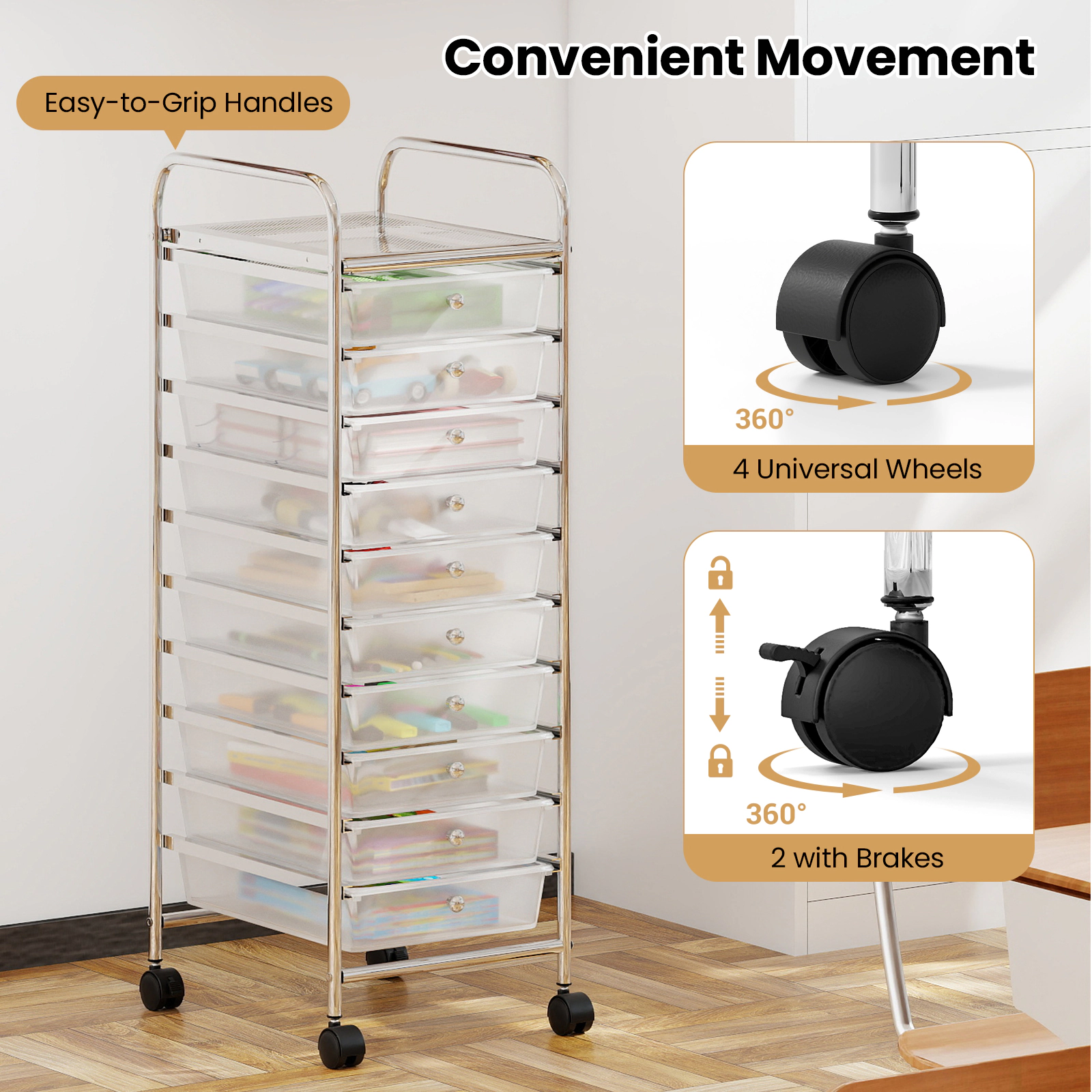 SUGIFT White 38-in 10-Drawer Rolling Cart Office Paper and Classroom Supply Organizer with Metal Frame