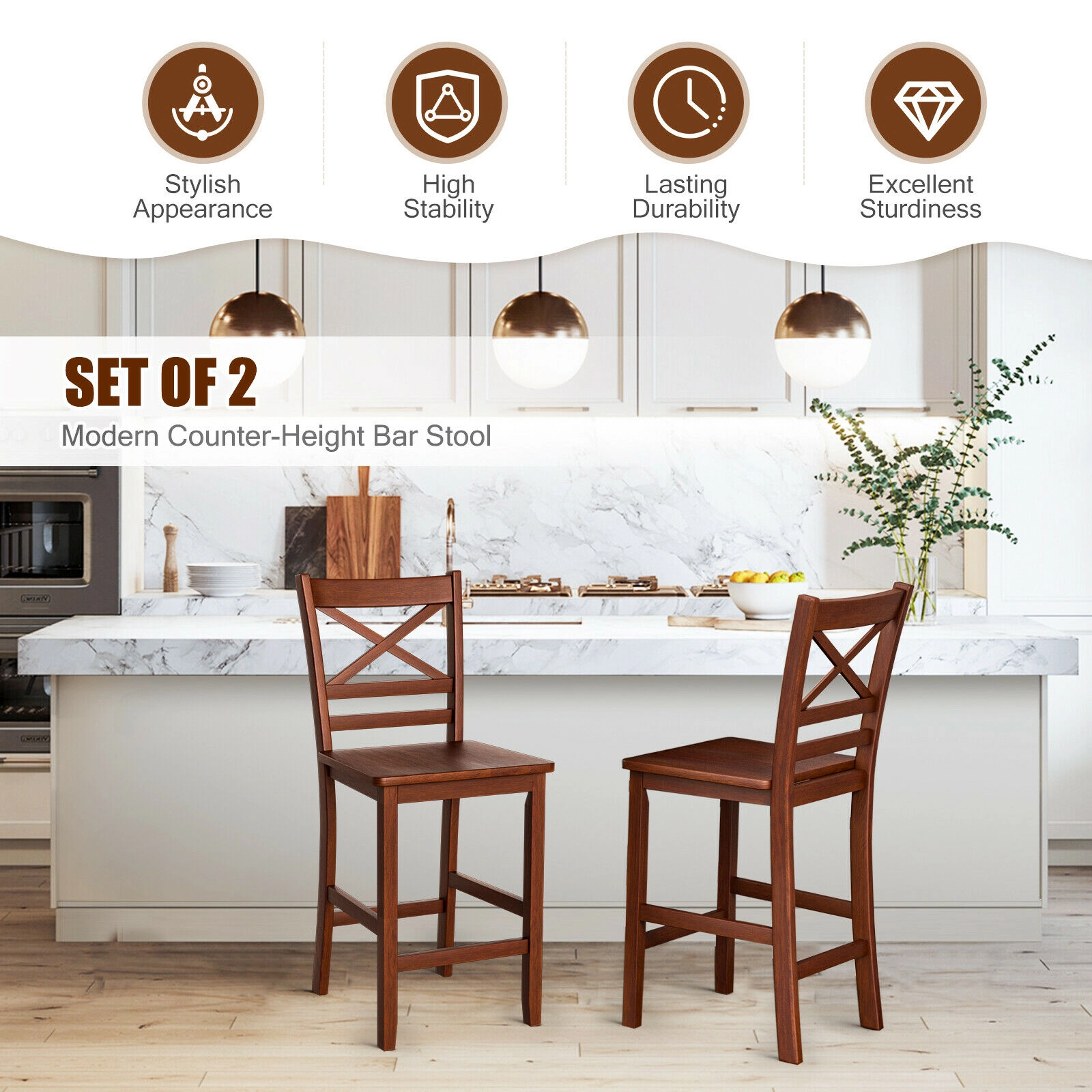 SUGIFT Set of 2 Walnut Counter Height Bar Stools, 25-Inch Seat, PU Foam, Curved Backrest