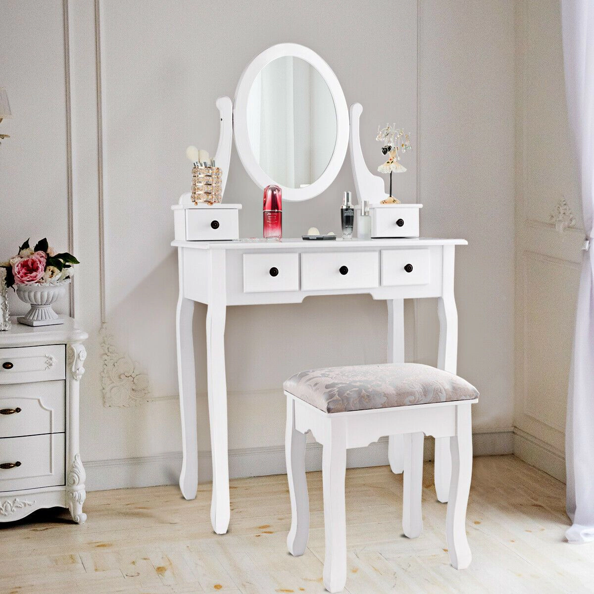SlickBlue White Makeup Vanity Set with Mirror, 5 Drawers & Stool