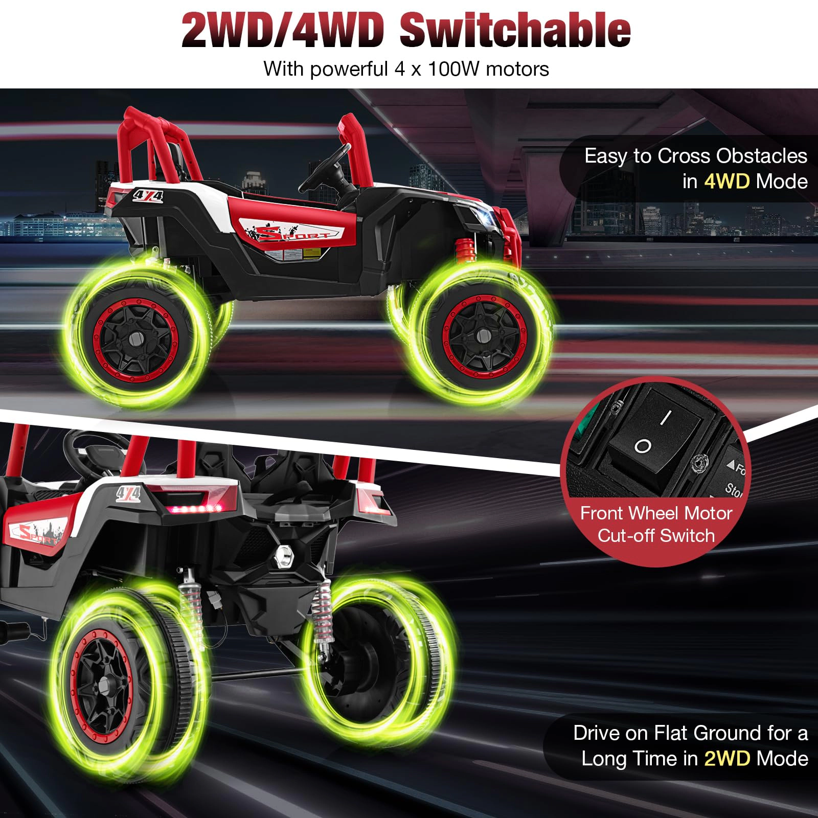 SUGIFT Red 2.4G Remote Control Spring Suspension and Music Kids 24V 2 Seater Ride On UTV