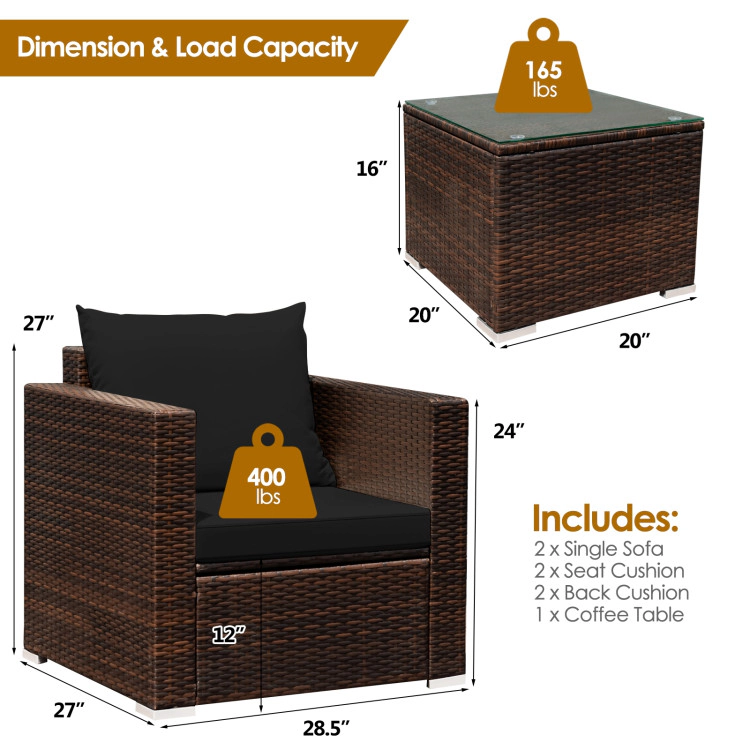 Hivvago 3 Pcs Patio Conversation Rattan Furniture Set With Cushion