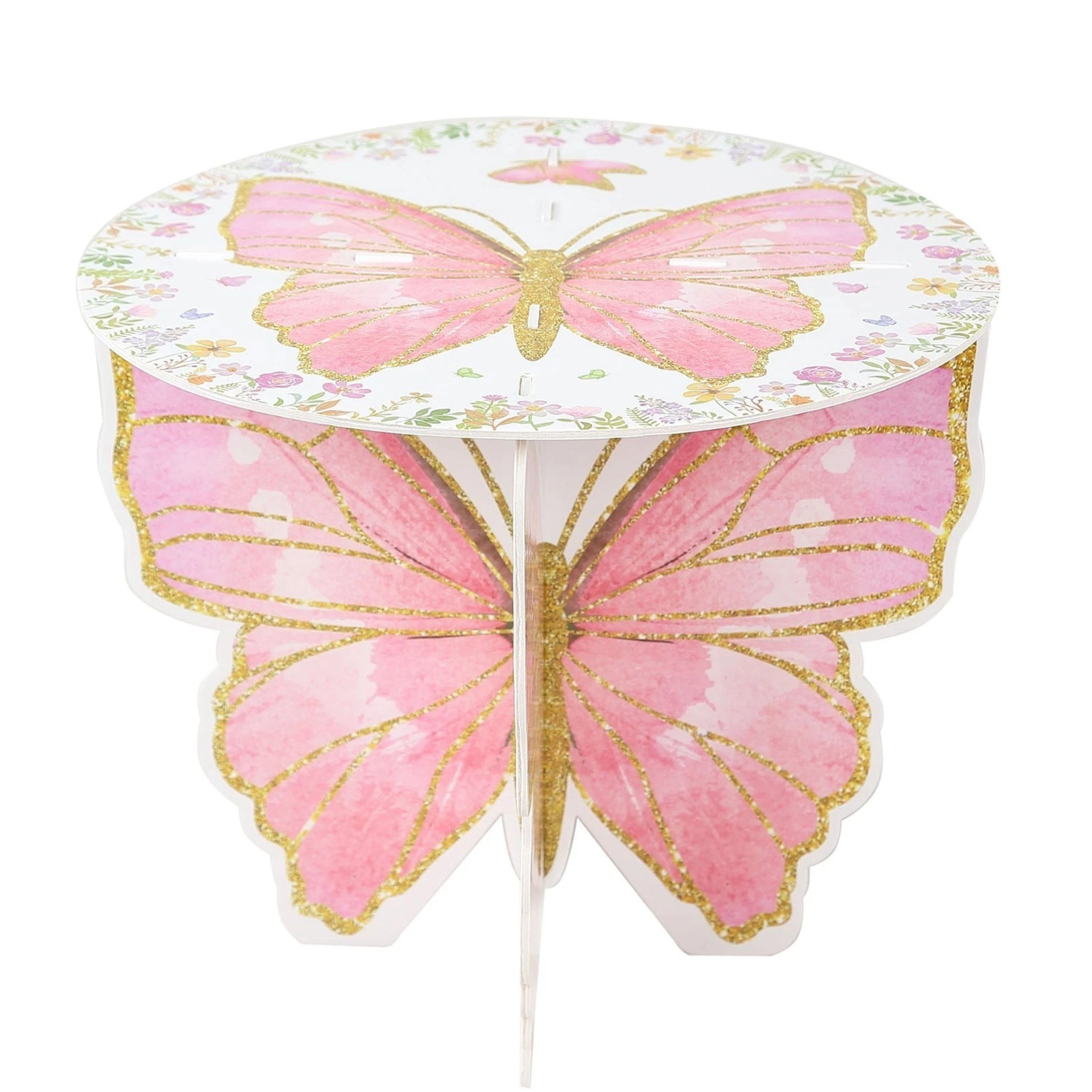 Home Collection White & Pink 3-Tier Glitter Butterfly Cake Stand with Floral Design