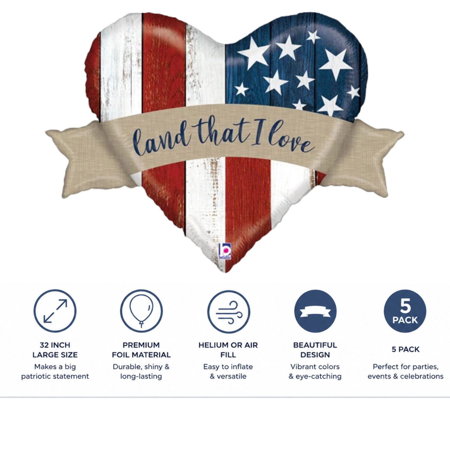 LoonBalloon 32-Inch Patriotic Foil Balloons, Red White Blue, 5-Pack