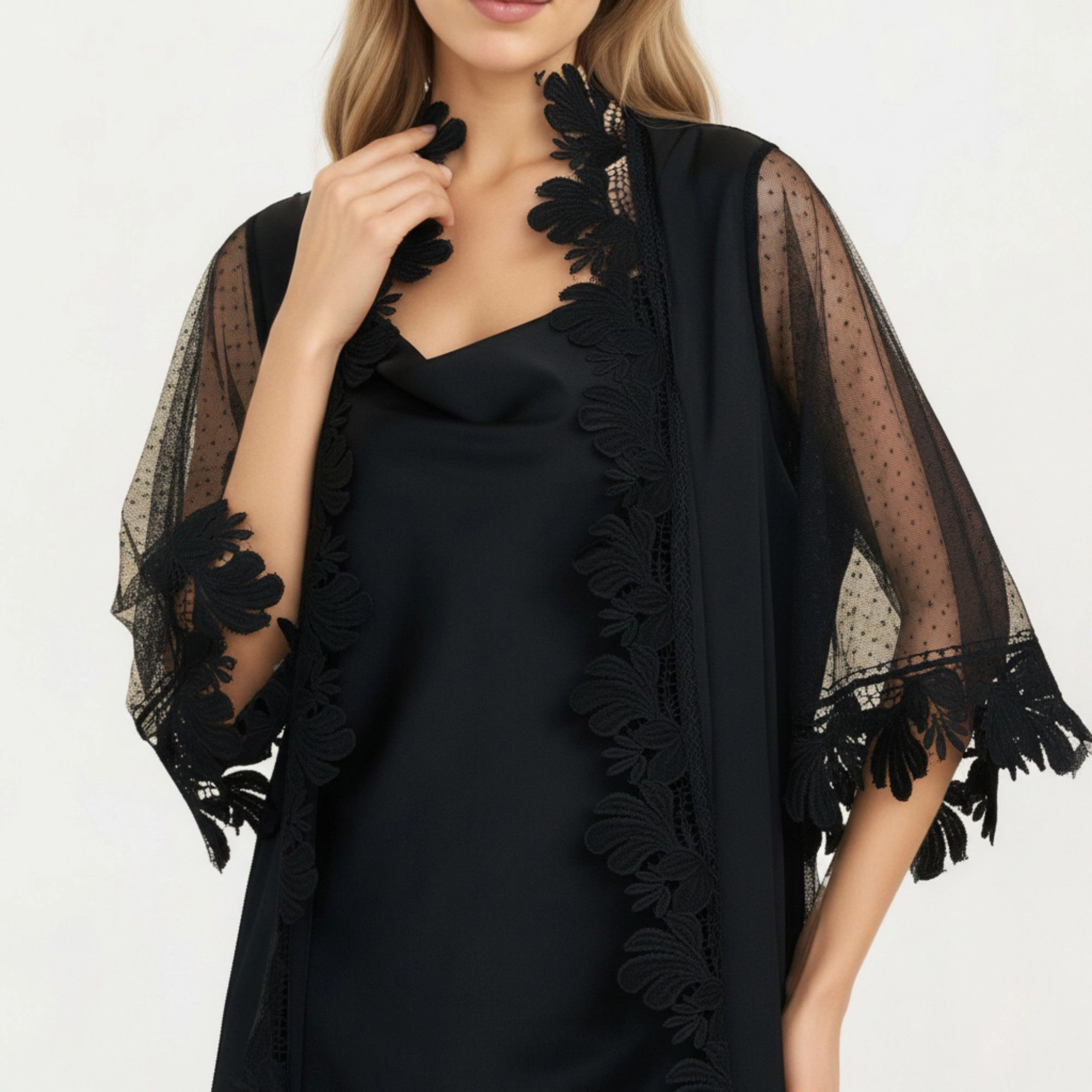 Anna-Kaci Women's 2-Piece Smooth Sleepwear Slip Dress with Sheer Lace Trim Robe Lightweight Long Nightgown Set