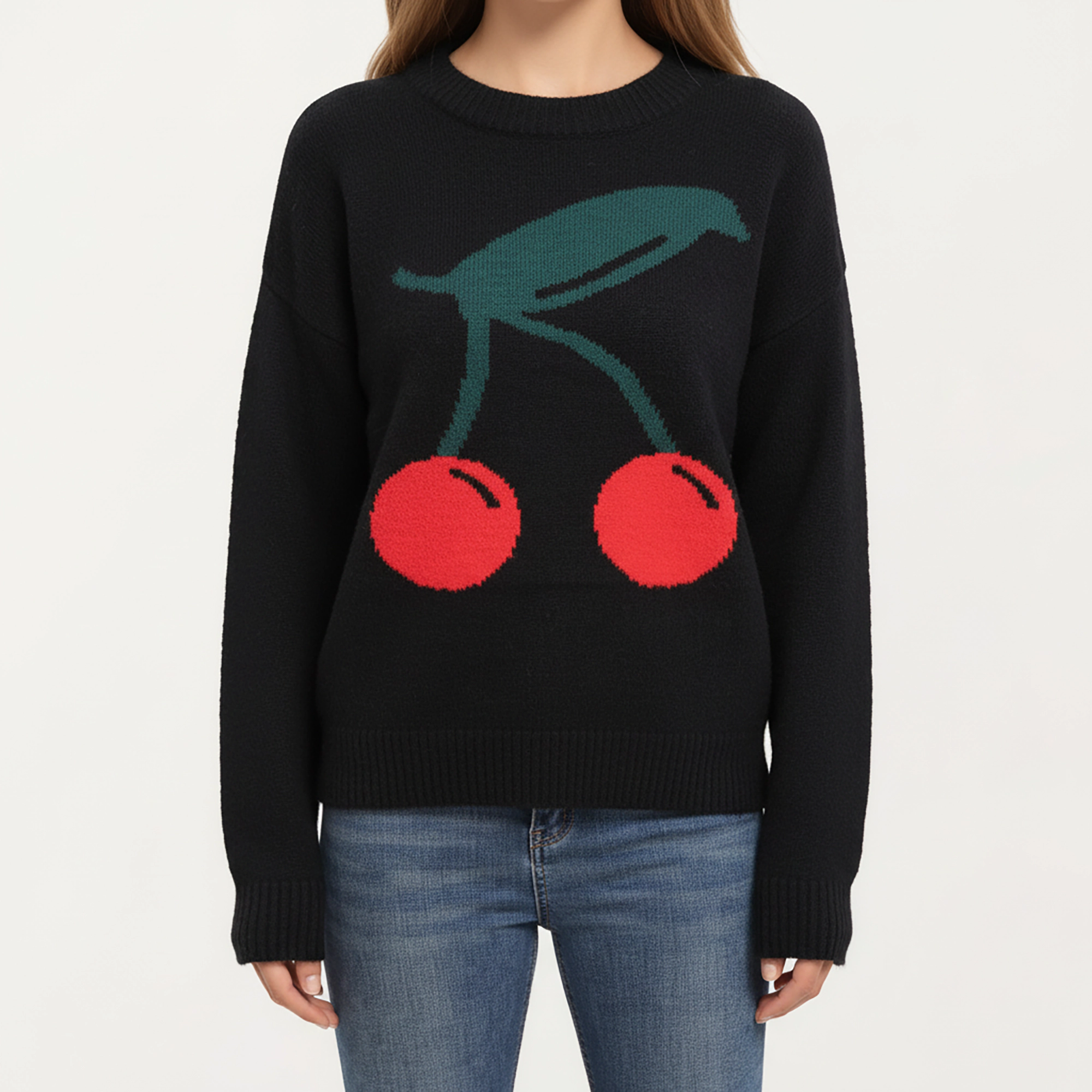 Anna-Kaci Women's Cherry Graphic Fuzzy Knit Sweater with Textured Soft Feel Ribbed Crew Neckline and Relaxed Fit