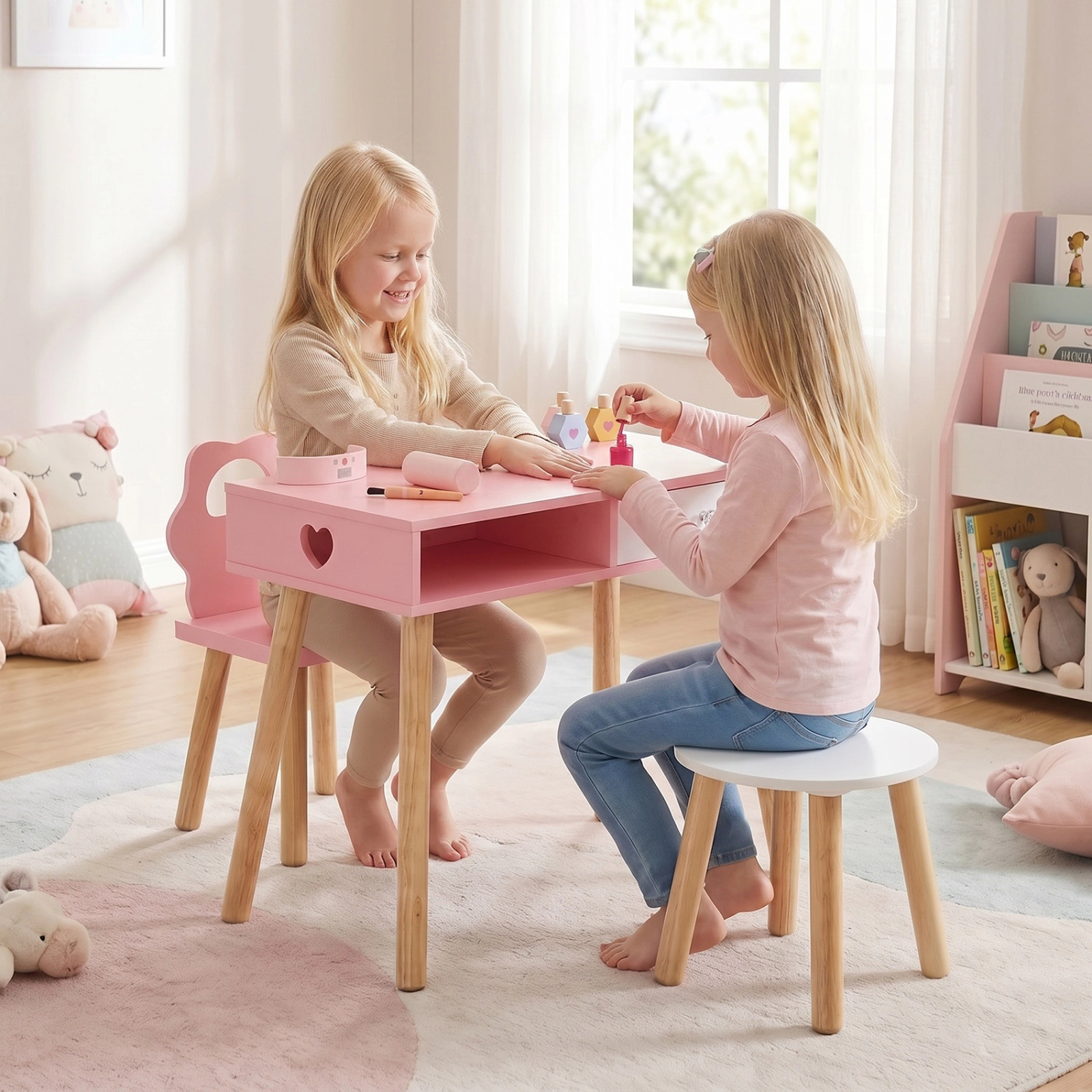 SUGIFT 3-Piece Pretend Nail Salon Playset for Kids with Wooden Table, Chair and Stool
