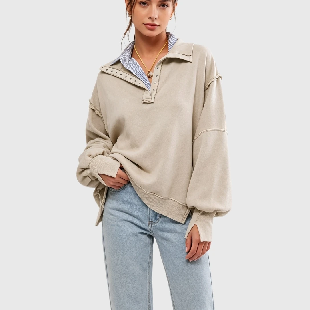 YesFashion Women's Oversized Henley Sweatshirts Casual Loose Button Up Side Split Pullover Tops