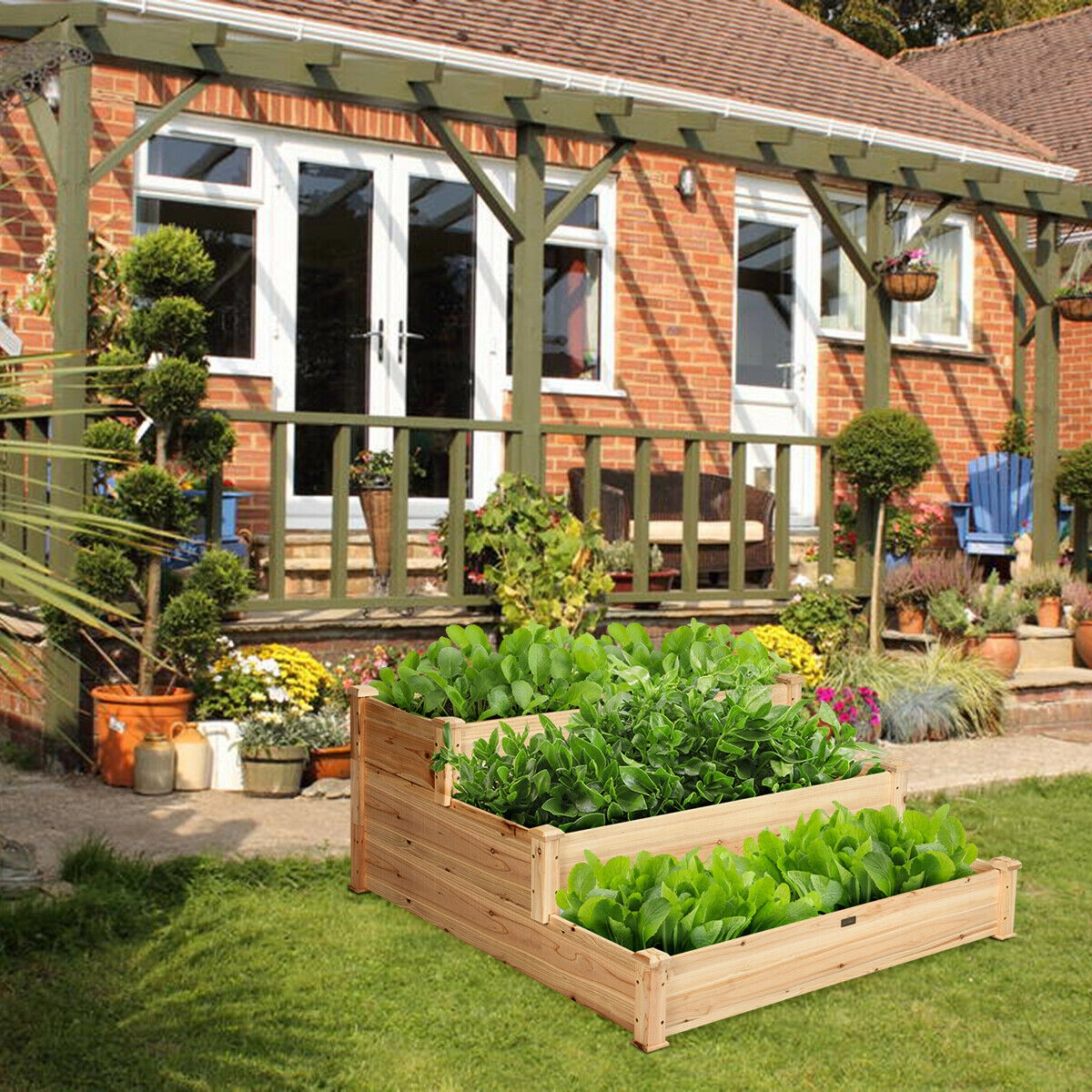 SUGIFT 3-Tier Natural Wood Elevated Vegetable Garden Bed with Open-Ended Base 47-in W 47-in D 22-in H