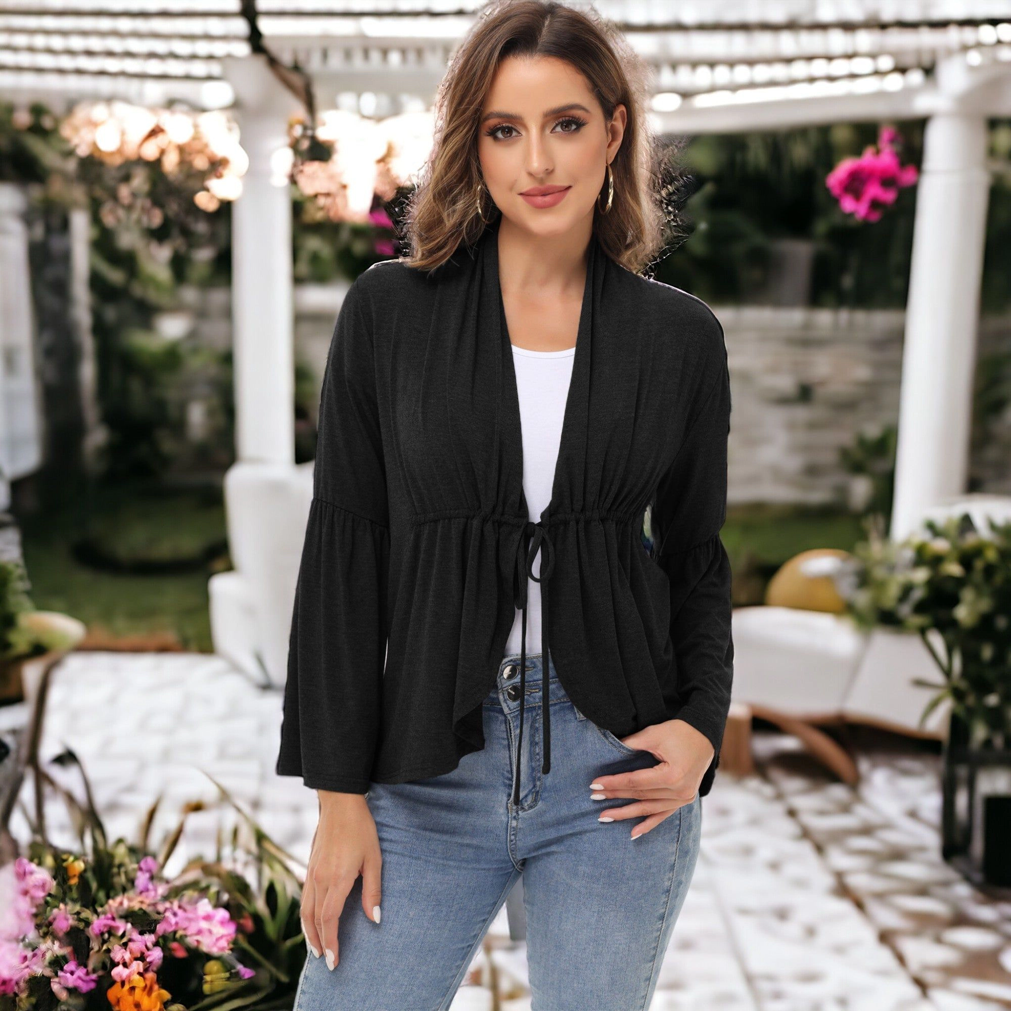 Anna-Kaci Women's Casual Lightweight Cardigans Soft Draped Ruffles Flare Sleeve Cardigan