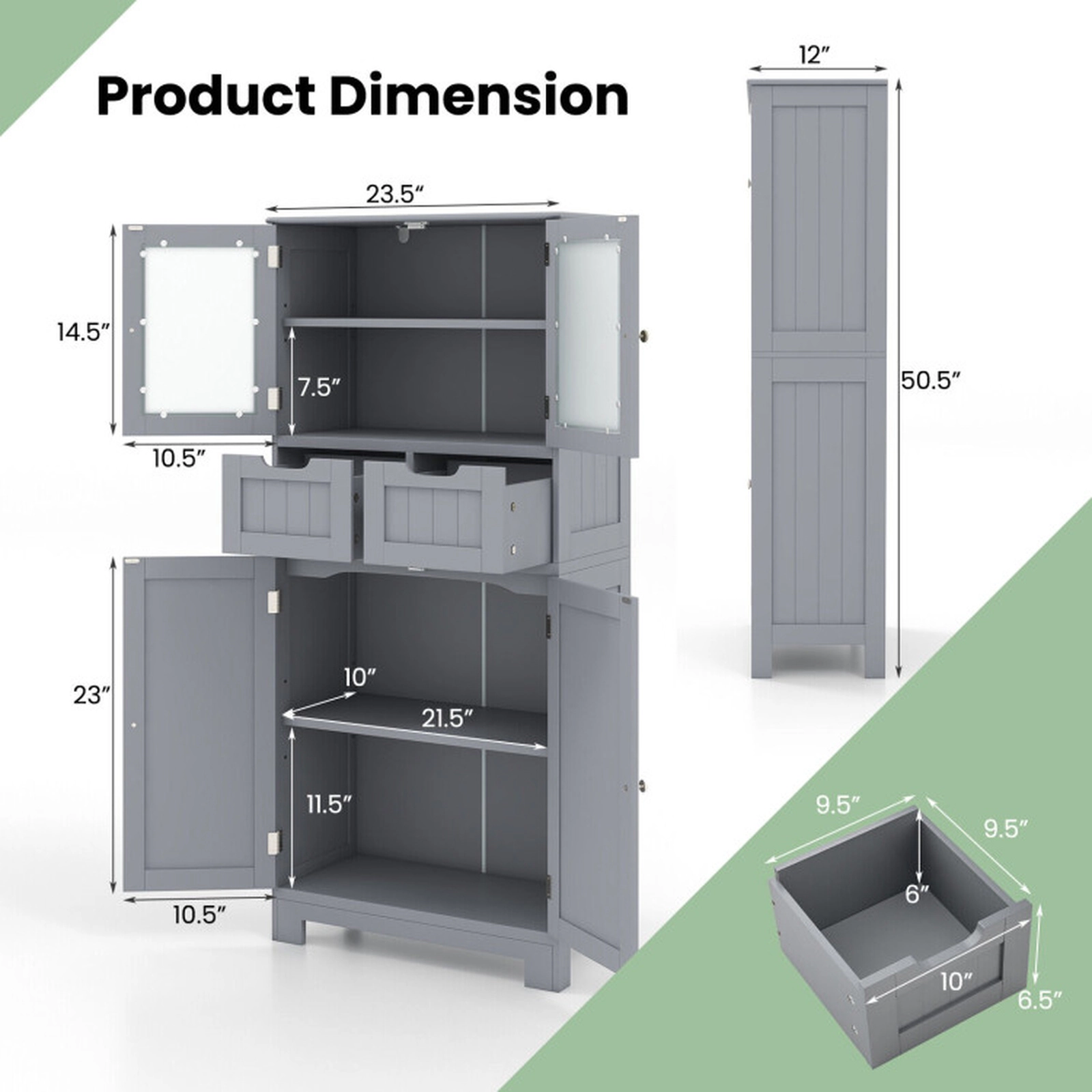 SUGIFT Gray 4-Door 44-lb Top Freestanding Bathroom Storage Cabinet with 2 Drawers and Tempered Glass Doors