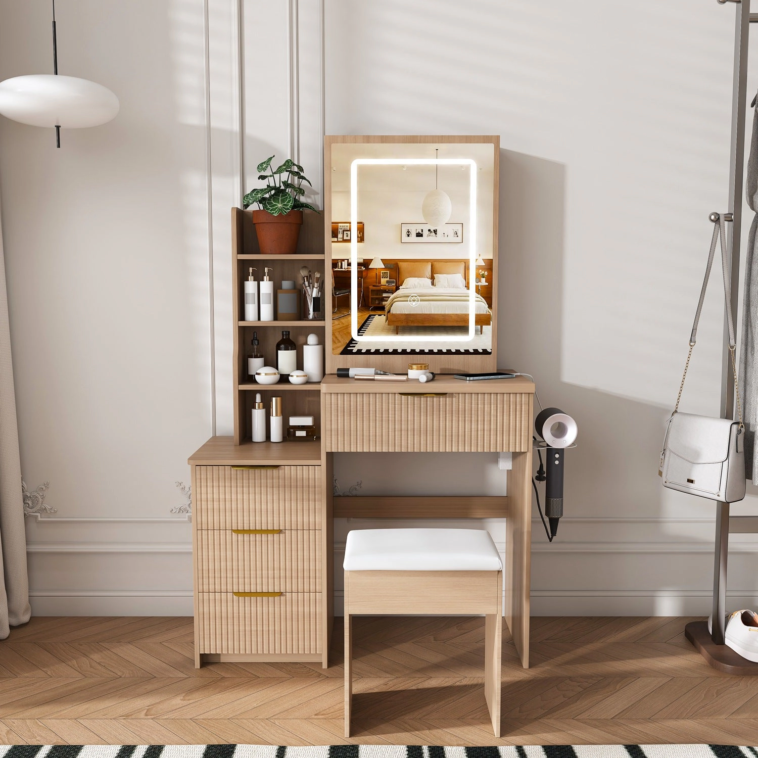 GBruno Lighted Vanity Desk Set With Stool And Storage
