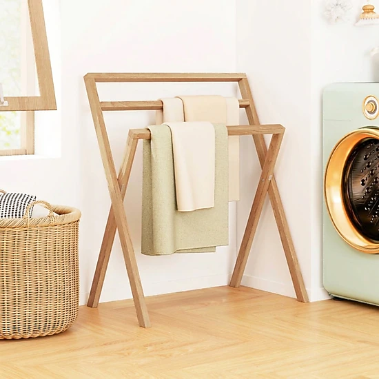 SUGIFT Freestanding Foldable Teak Wood Towel Rack with 3 Hanging ...