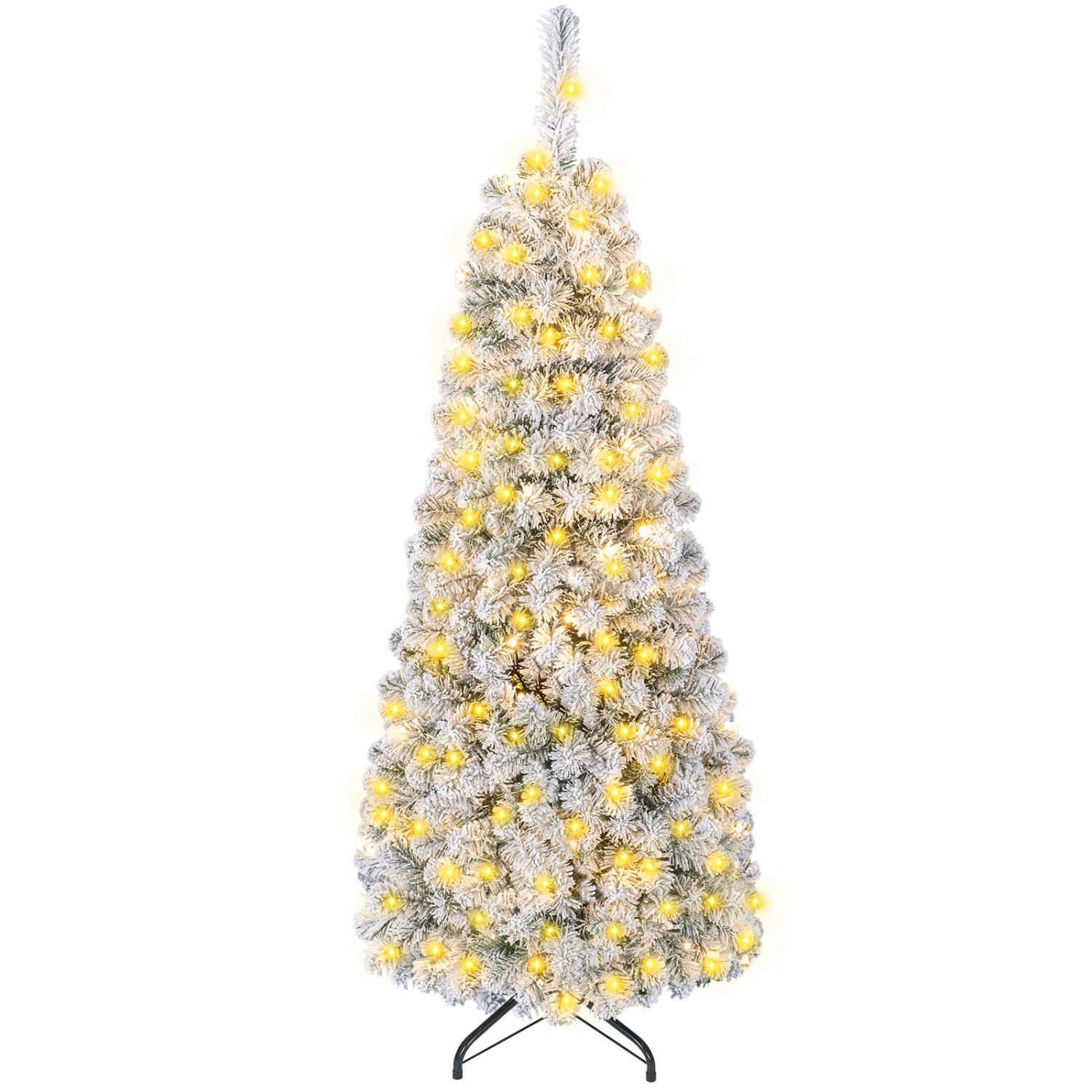 LJG 4.5 Feet Pre-Lit Snow Flocked Pencil Christmas Tree with 150 LED Light