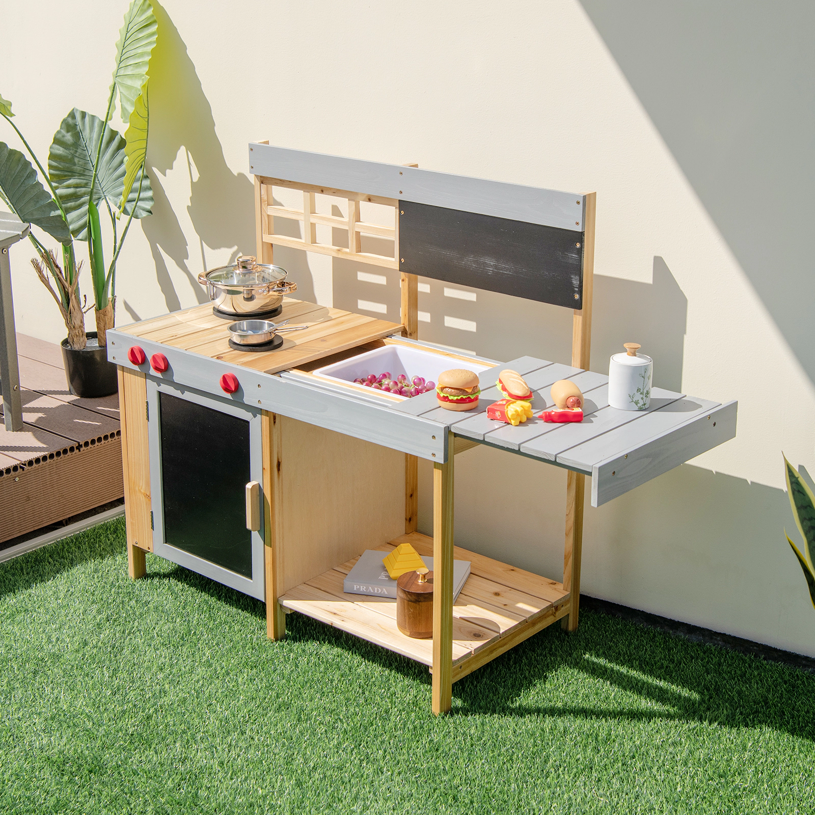 SUGIFT Toddler Natural Mud Kitchen Set with Detachable Water Box and Blackboard 35-in W 35.5-in H Ages 3+