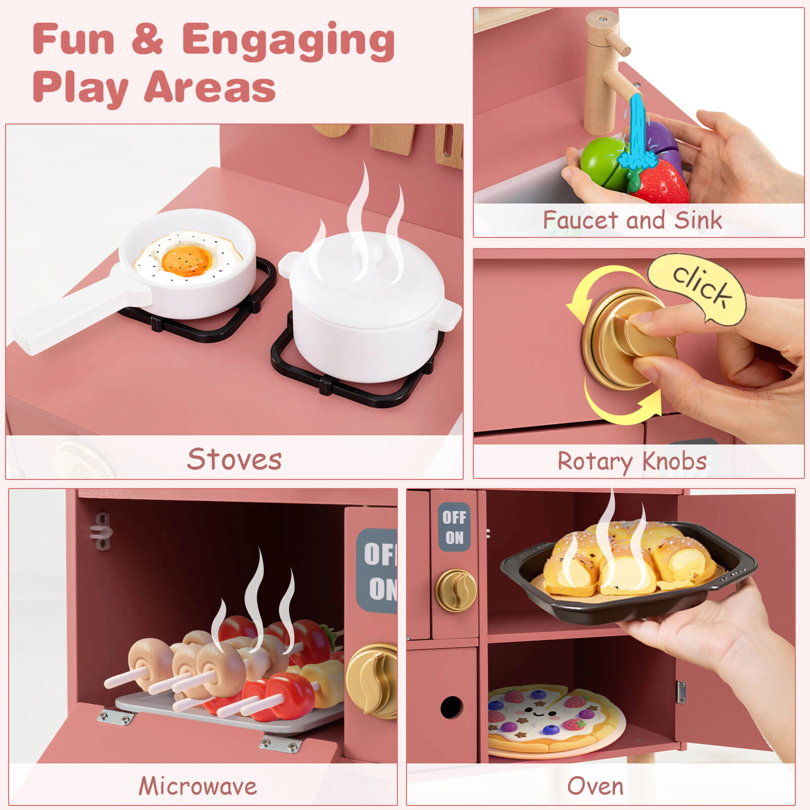 Costway Play Kitchen for Kids with Stoves Faucet Sink Microwave Oven Cooking Accessories Pink
