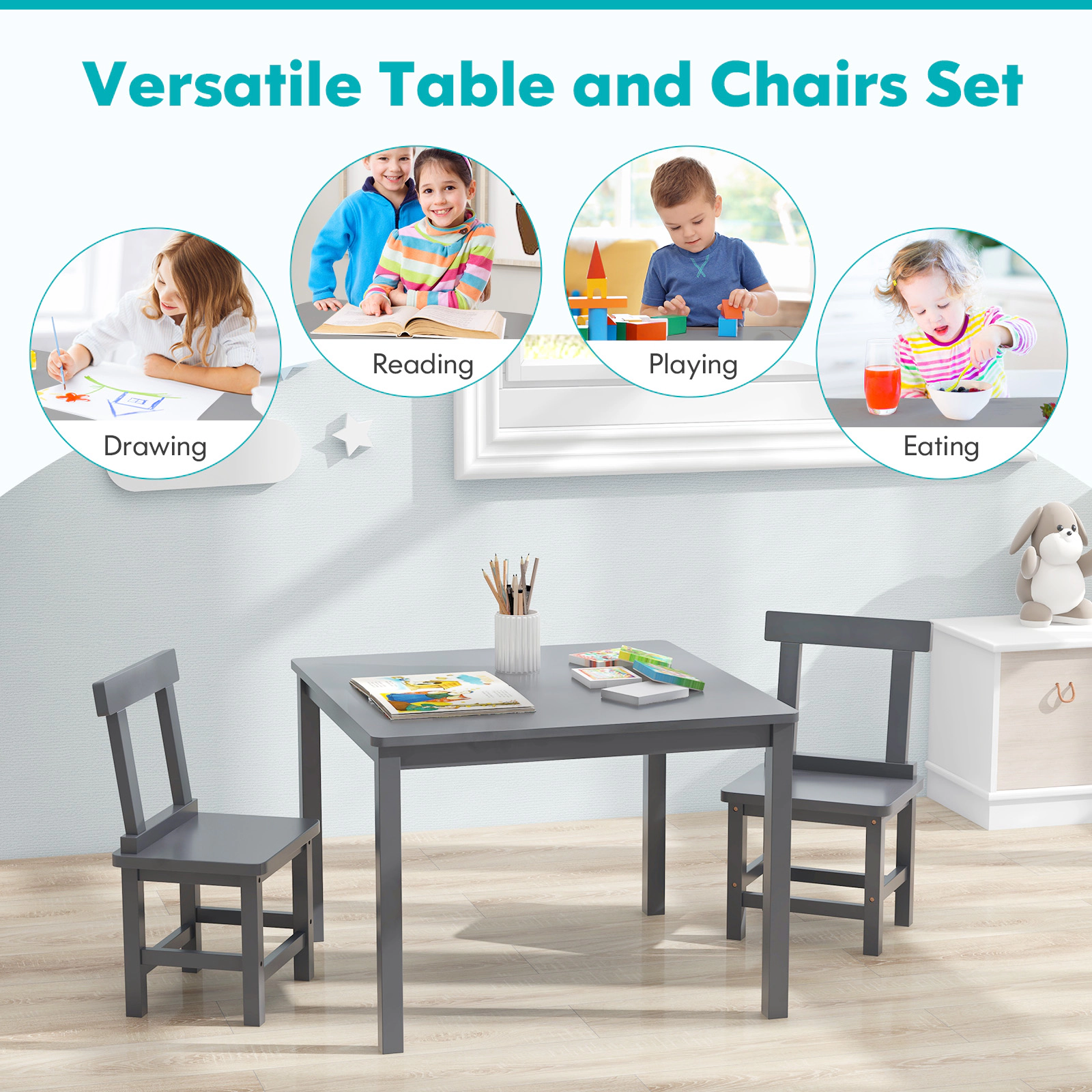 SUGIFT Wooden Kids Table and 2 Chairs Set with Anti-slip Foot Pads Kids Furniture Set 30-in Square Table Gray/White