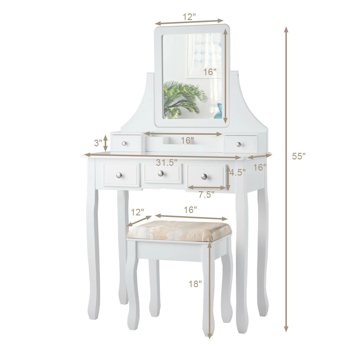 SUGIFT White Makeup Vanity Set with 5 Drawers, Rotating Mirror, Removable Top Box and Stool