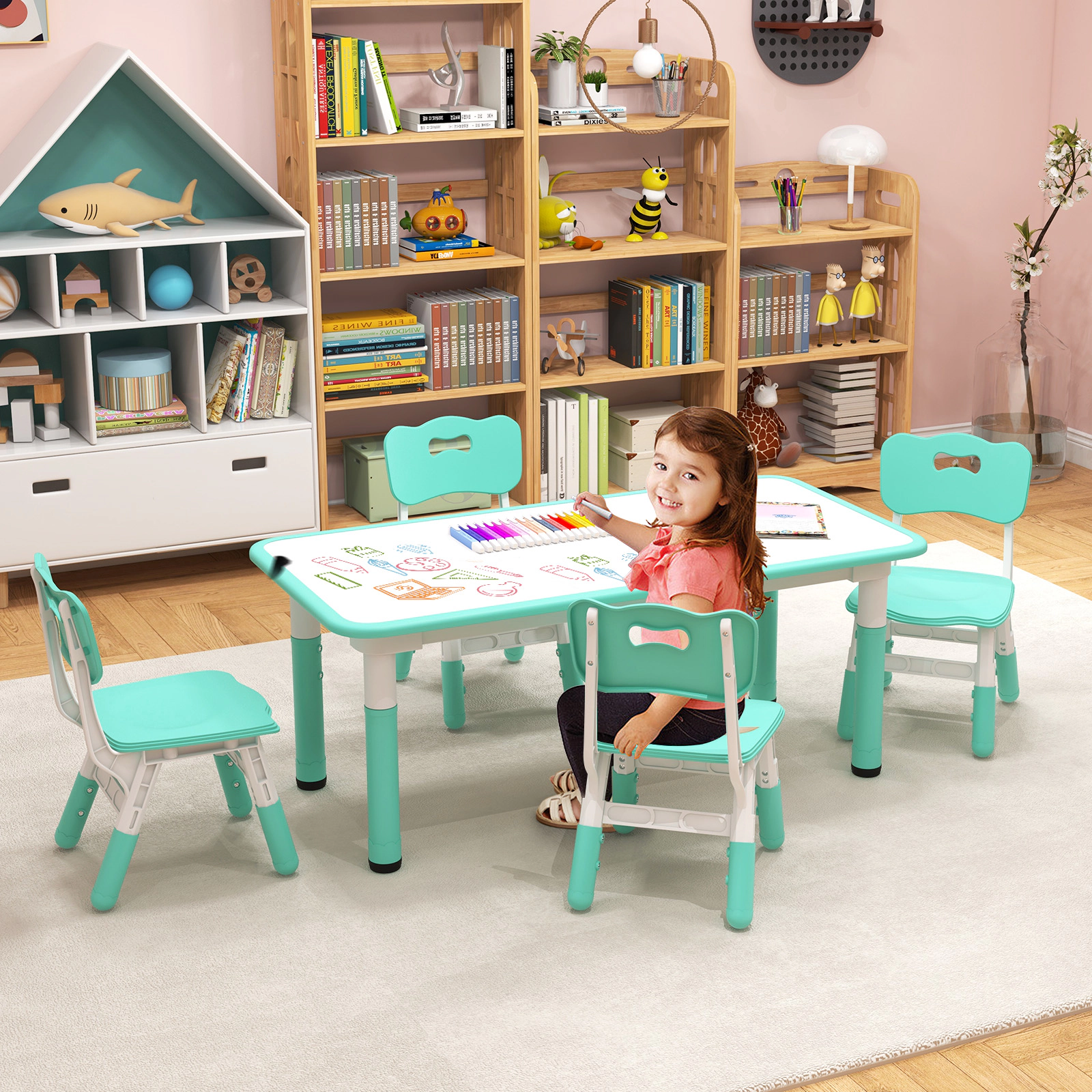 Hivvago Kids Table And Chairs Set For 4 With Graffiti Desktop