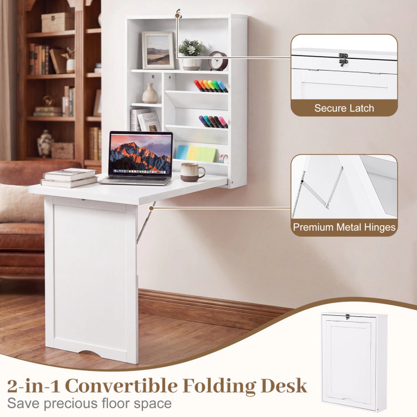 SUGIFT 36-in White Wall Mounted Fold-Out Convertible Floating Desk with Adjustable Shelves and Storage