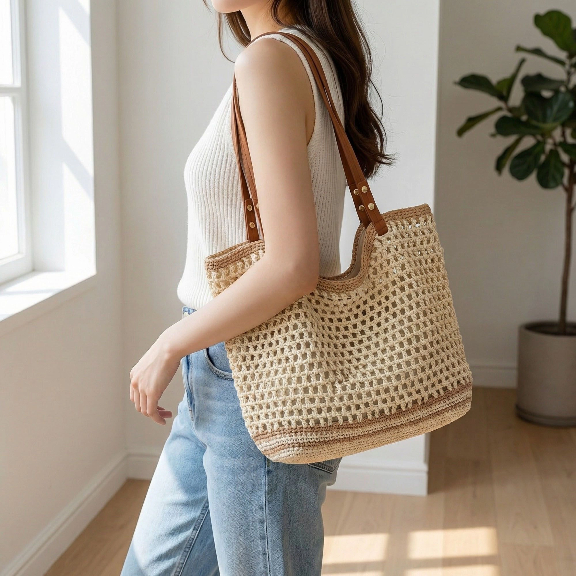 Alilang Women's Crochet Knit Tote Bag with Open Weave Design Dual Shoulder Straps and Contrast Trim Detail