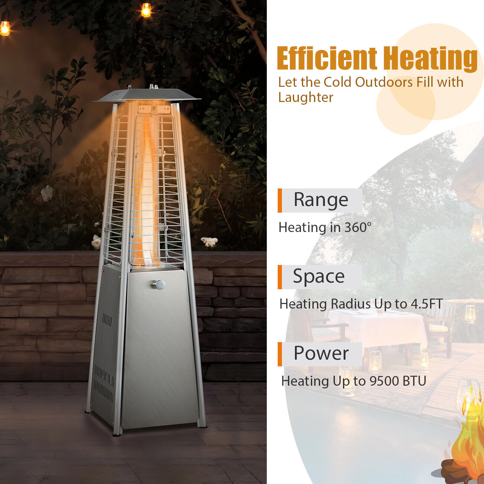 SUGIFT Silver Stainless Steel Tabletop Propane Patio Heater with Glass Tube 9500-BTU 10-in W 10-in D 35-in H