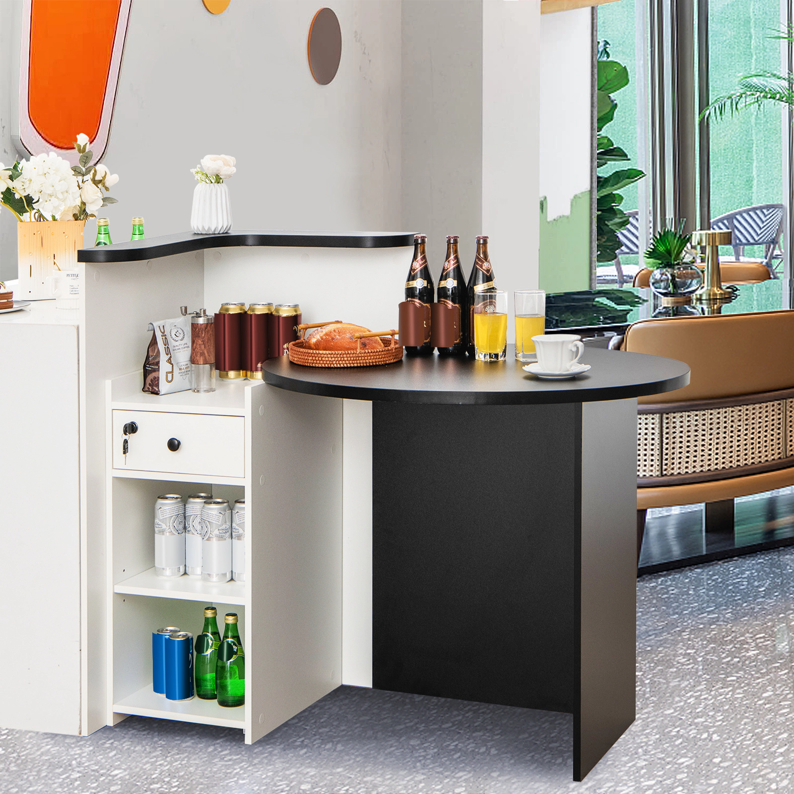 SUGIFT 48-Inch Modern Reception Desk, Black and White Front Counter with Lockable Drawer and Adjustable Shelves