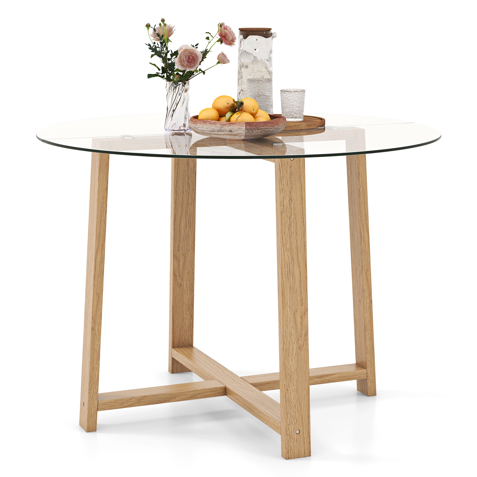 LJG 42 Inches Round Glass Dining Table with Tempered Glass Tabletop and Rubber Wood Legs