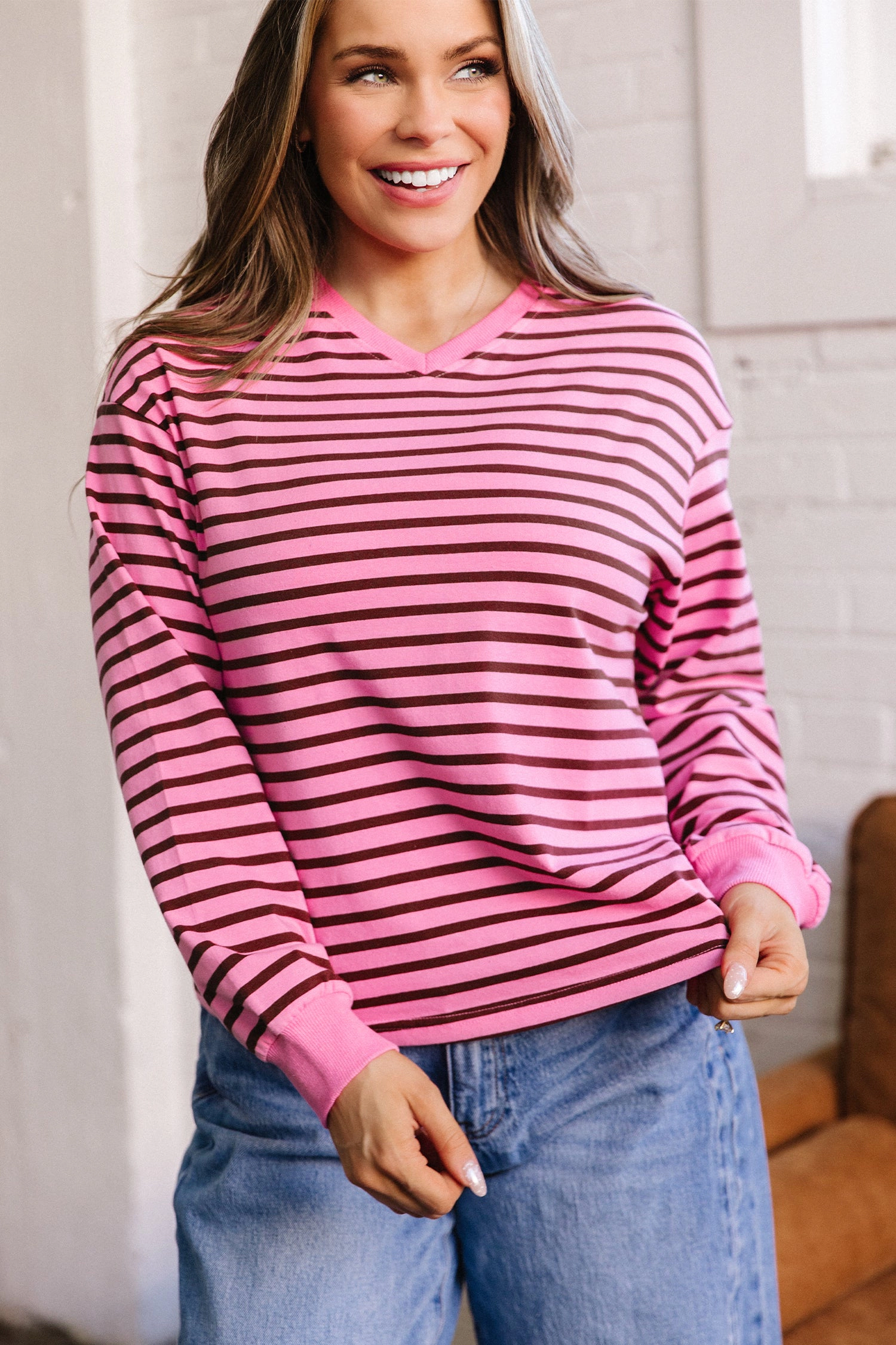 Threaded Pear Novalee Stripe Drop Shoulder Long Sleeve Top