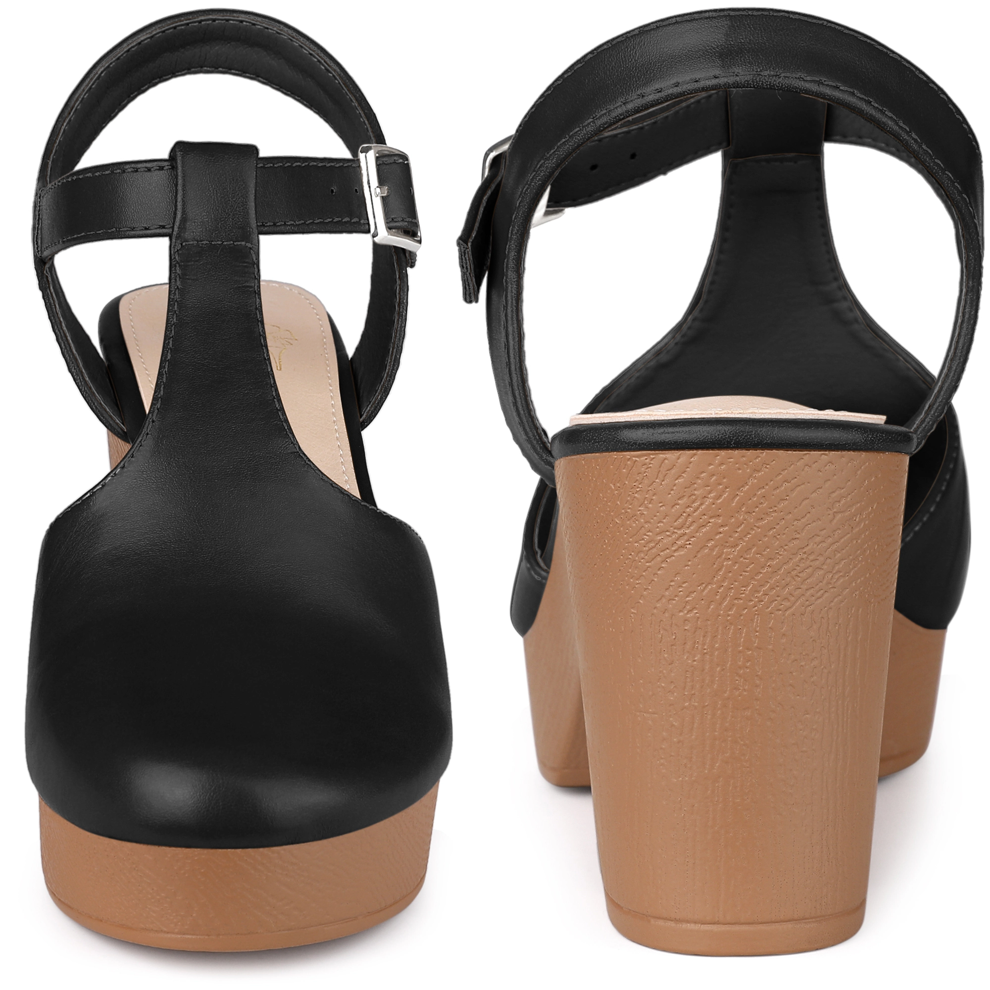 BLISSFUL STEP Women's T-Strap Chunky Heels Round Toe Platform Sandals