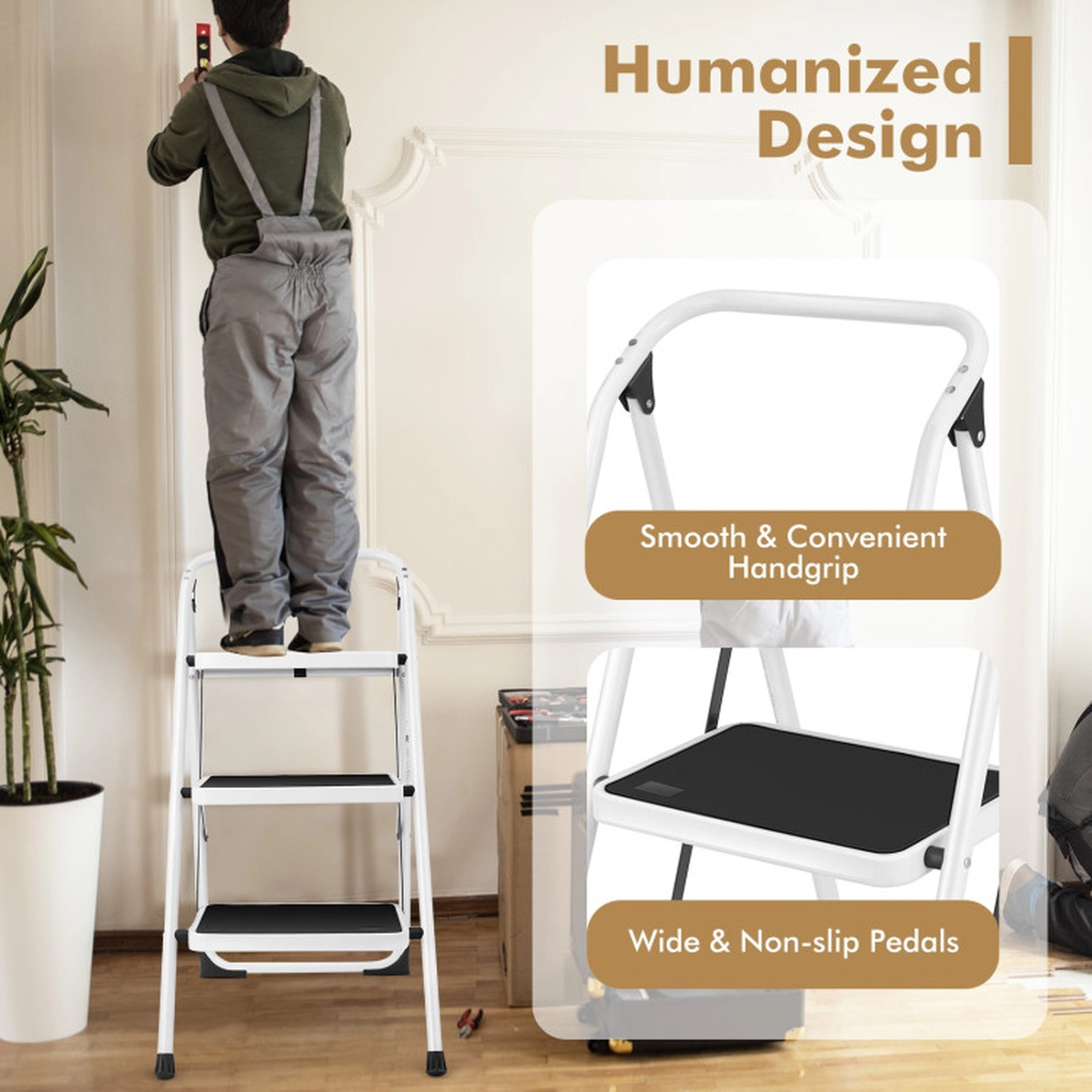 SUGIFT Folding 3-Step Iron Ladder Step Stool Anti-Slip 15 x 10-in Treads 330-lb Capacity 19.5 x 4 x 41-in Black/White