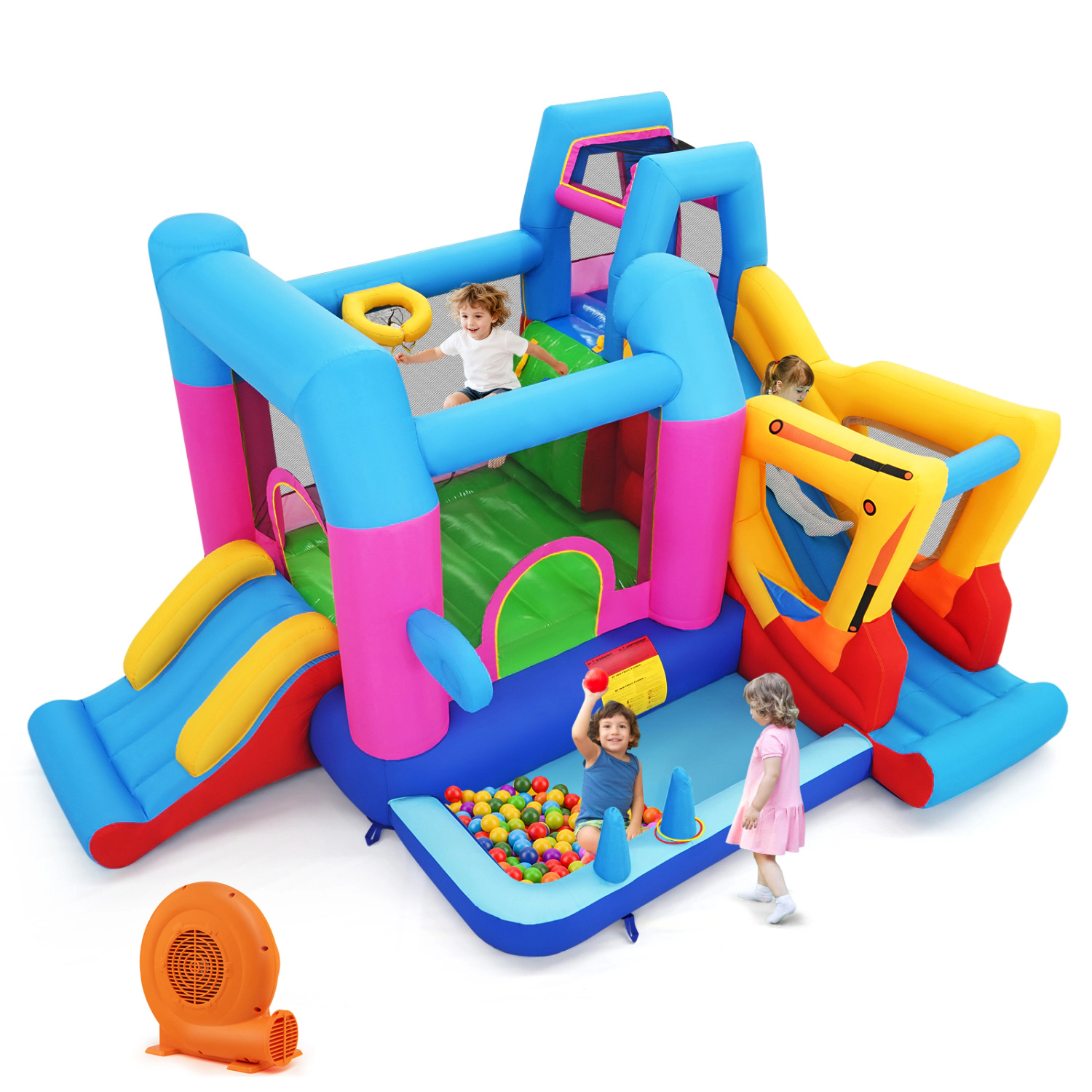 LJG Inflatable Bounce House 8-in-1 Excavator Themed Kids Bouncer with 750W Blower