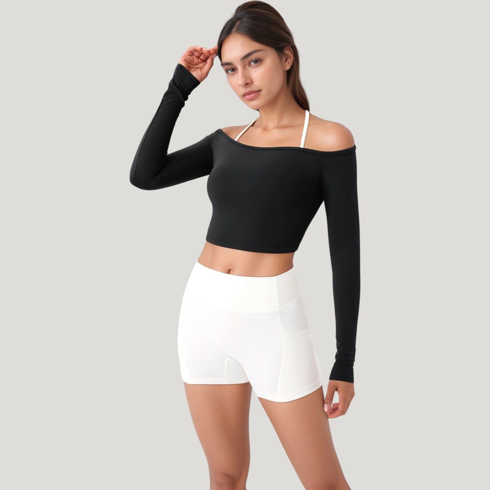 Anna-Kaci Women's Off Shoulder Long Sleeve Activewear Crop Top with Streamlined Fit and Lightweight Stretch Fabric