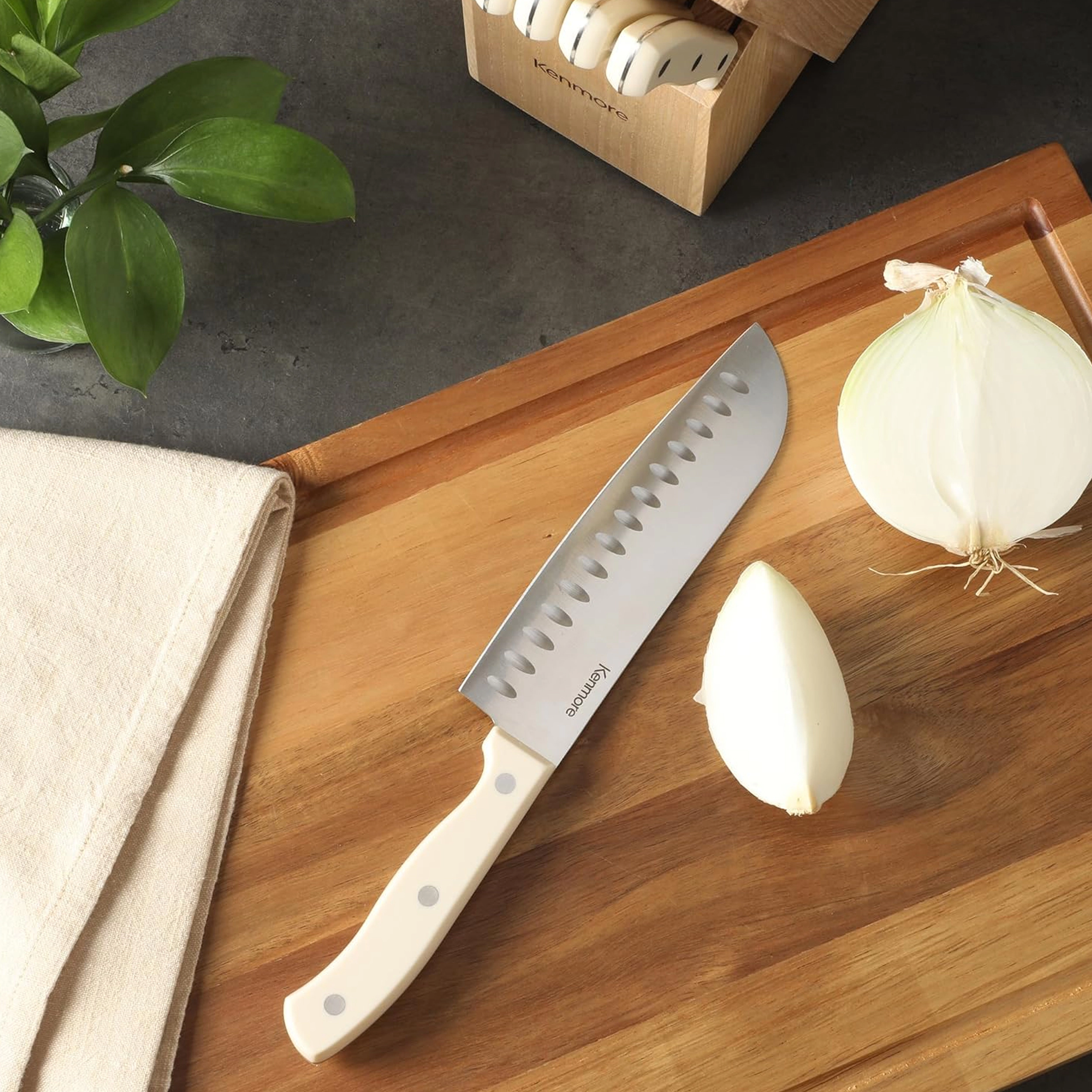 Kenmore Kane 14 Piece Stainless Steel Cutlery With Ashwood Storage Block in Linen
