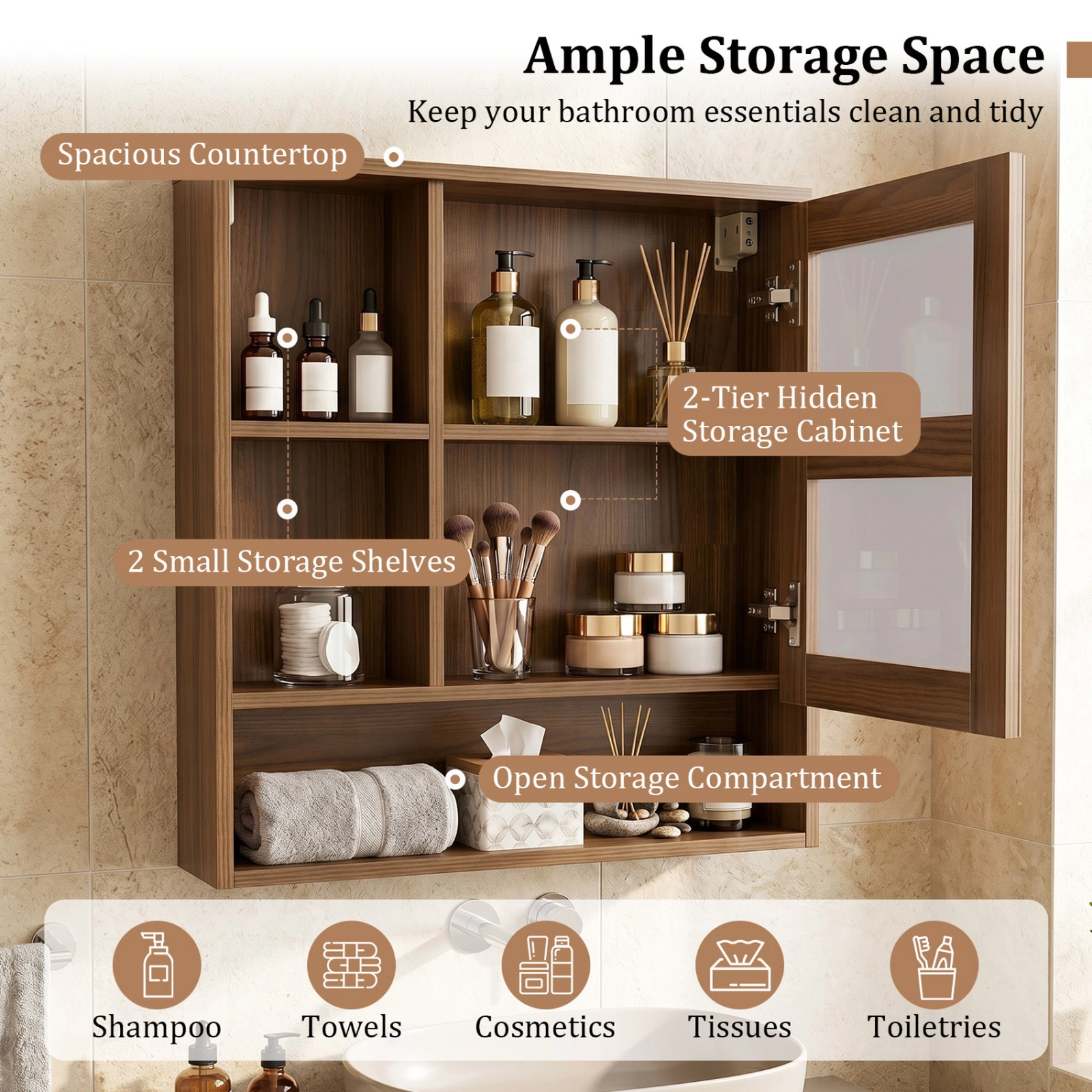 SUGIFT Walnut 22-lb Countertop Capacity Wall Mounted Mirror Cabinet with 2 Hidden Shelves and 3 Open Compartments