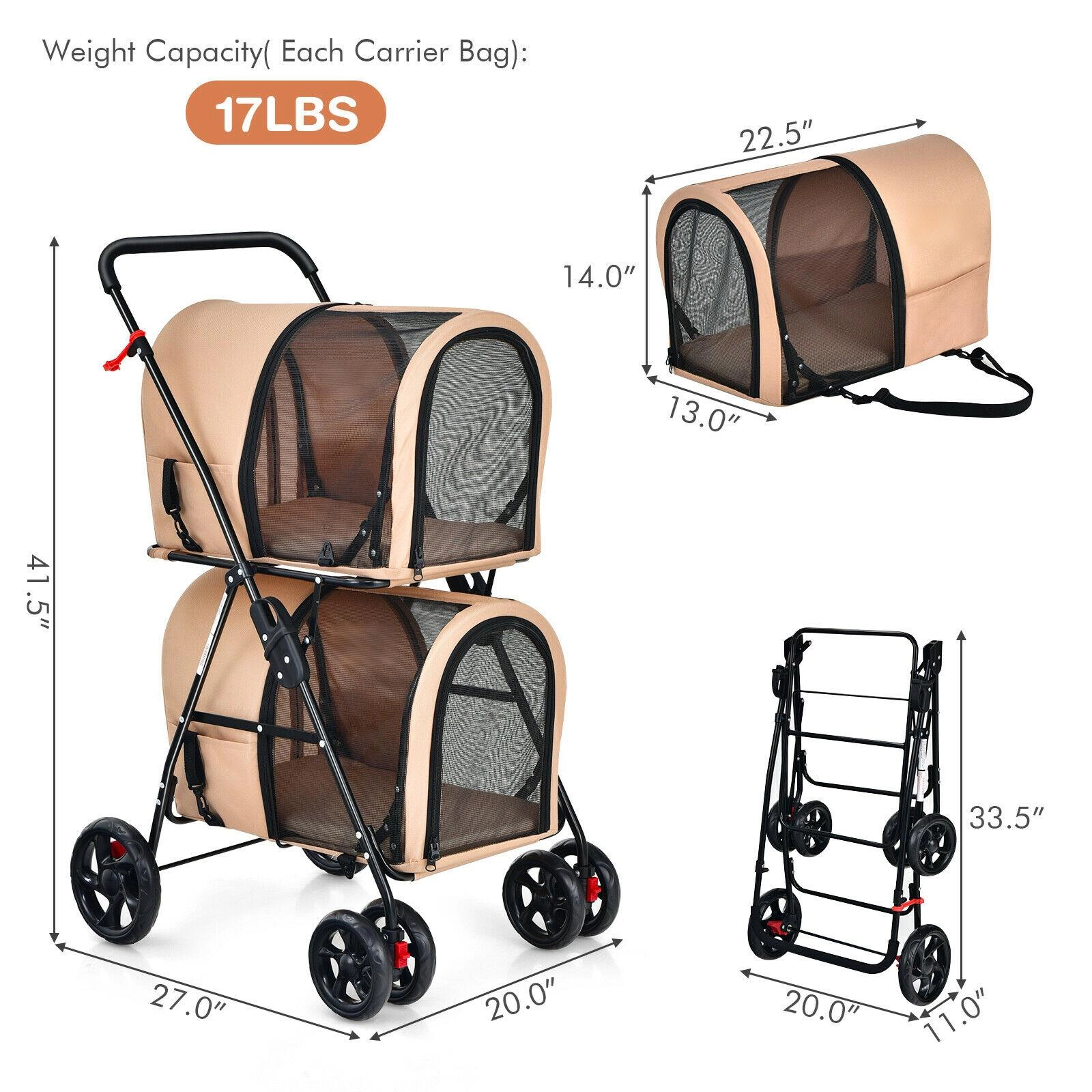 SUGIFT 20 x 41.5-in 17-lb Per Carrier Capacity Beige 4-in-1 Double Pet Stroller with 2 Detachable Carriers