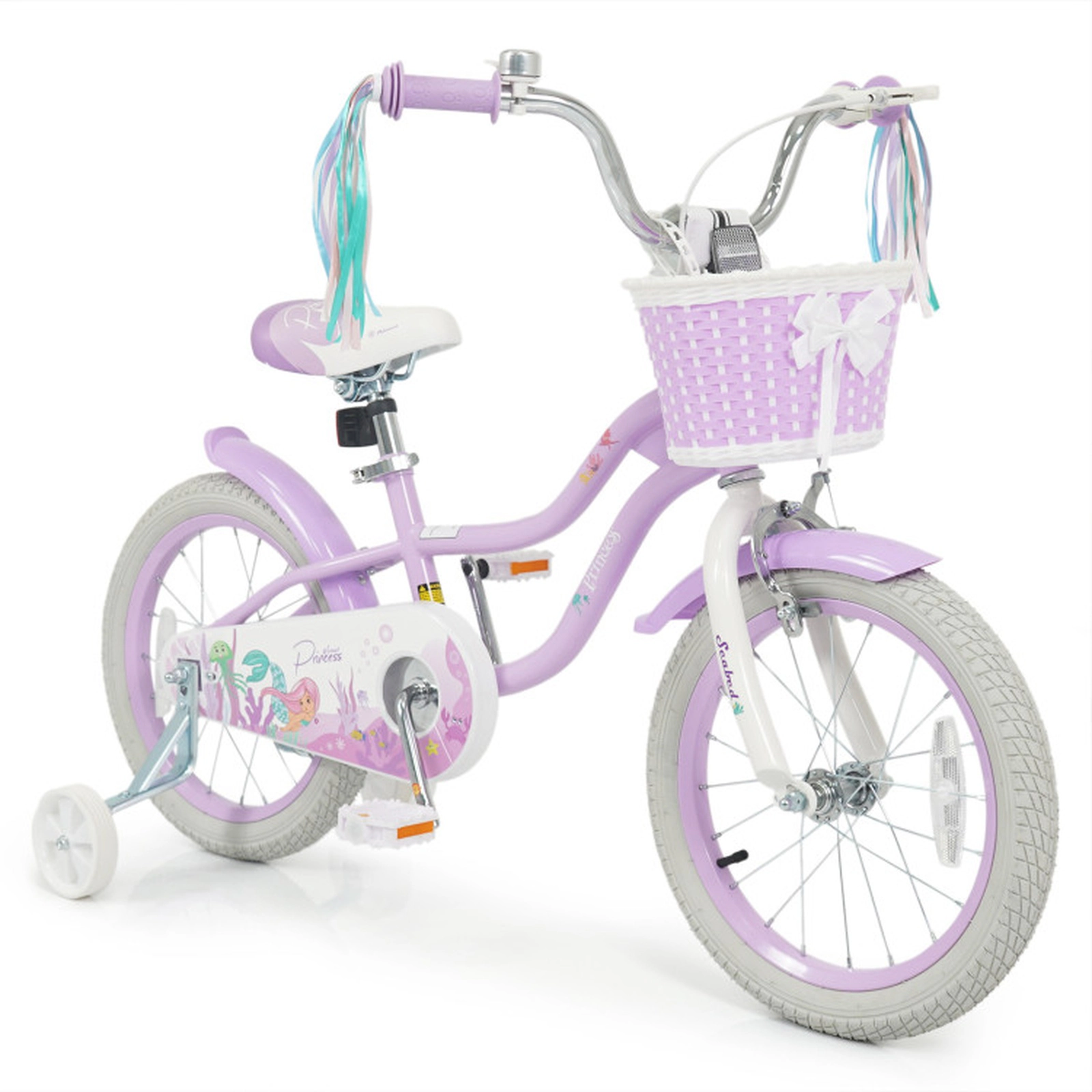 SUGIFT Adjustable 16-in Kids Bike with Training Wheels 110-lb Capacity Ages 4-7 Purple with Basket and Streamers