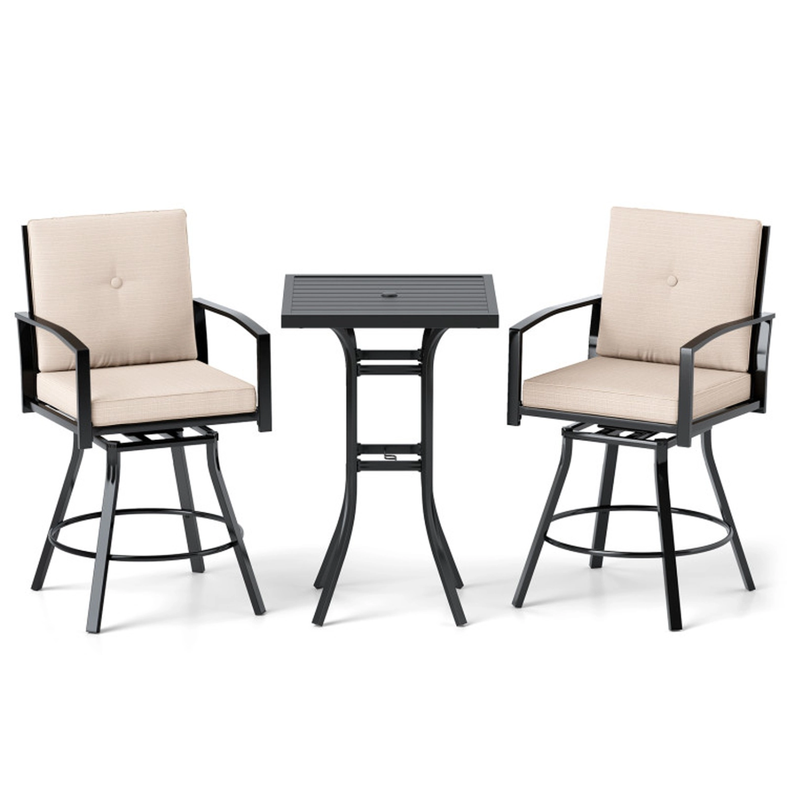SUGIFT 3-Piece Black Outdoor Patio Bar Set with 360-Degree Swivel Stools and Square Table