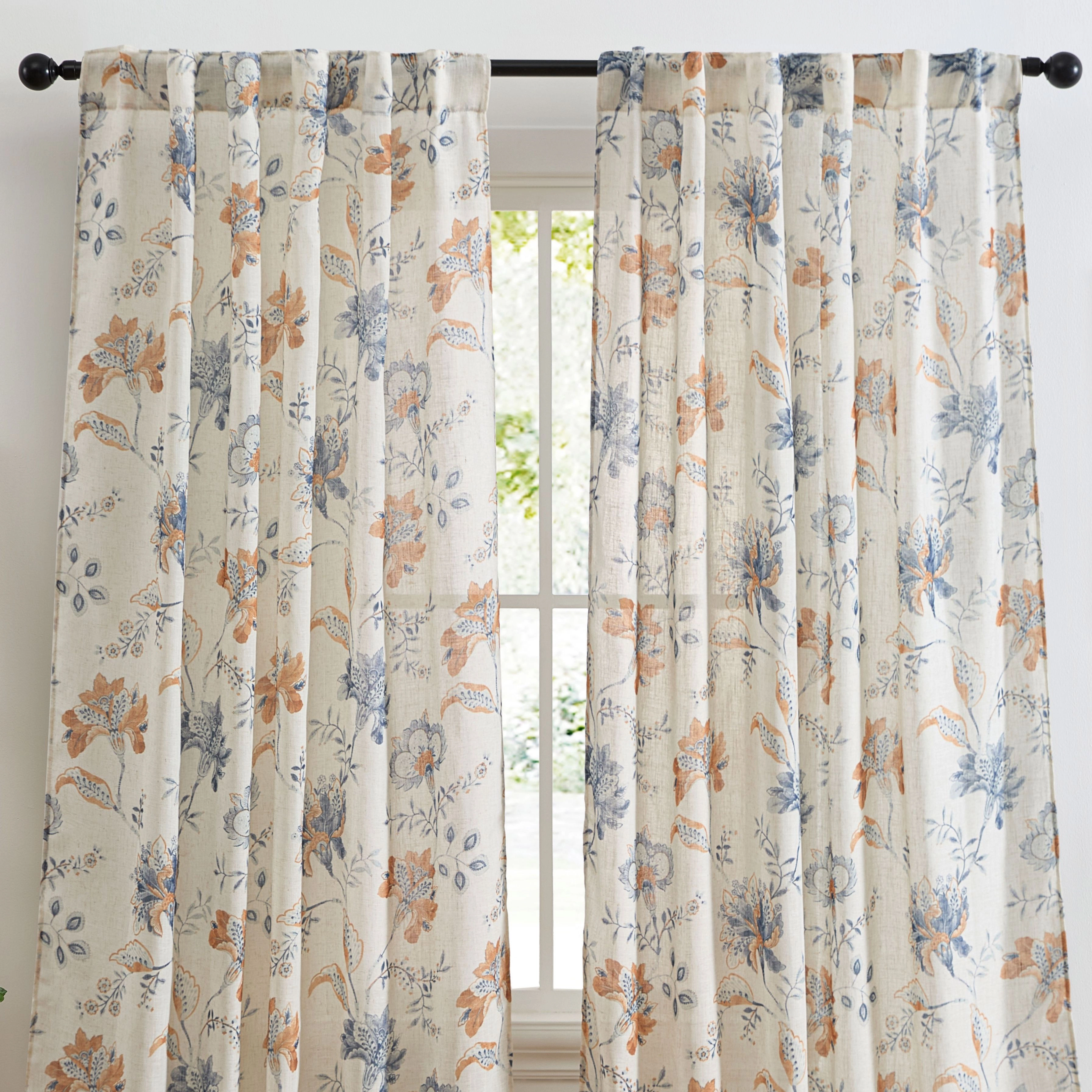 HLC.ME Spring Bloom Linen Floral Print Patterned Curtains - Back Tab Pocket Window Flower Panels Set of 2