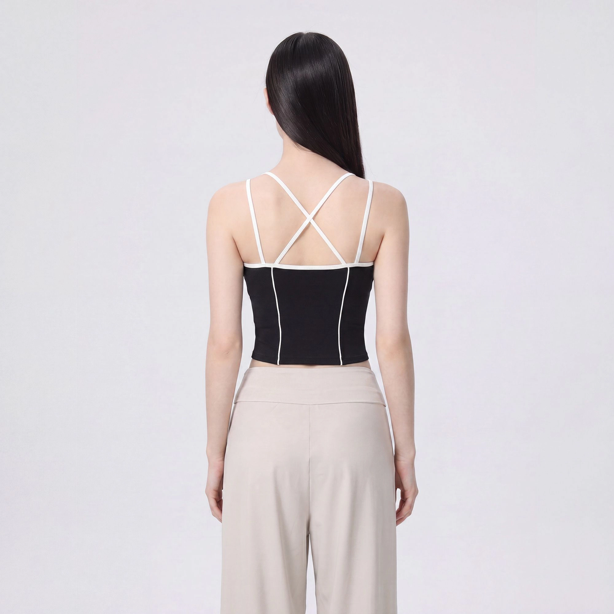 Anna-Kaci Women's Contrast Trim Double Strap Cropped Cami Tank Top with Fitted Light Support Activewear Design
