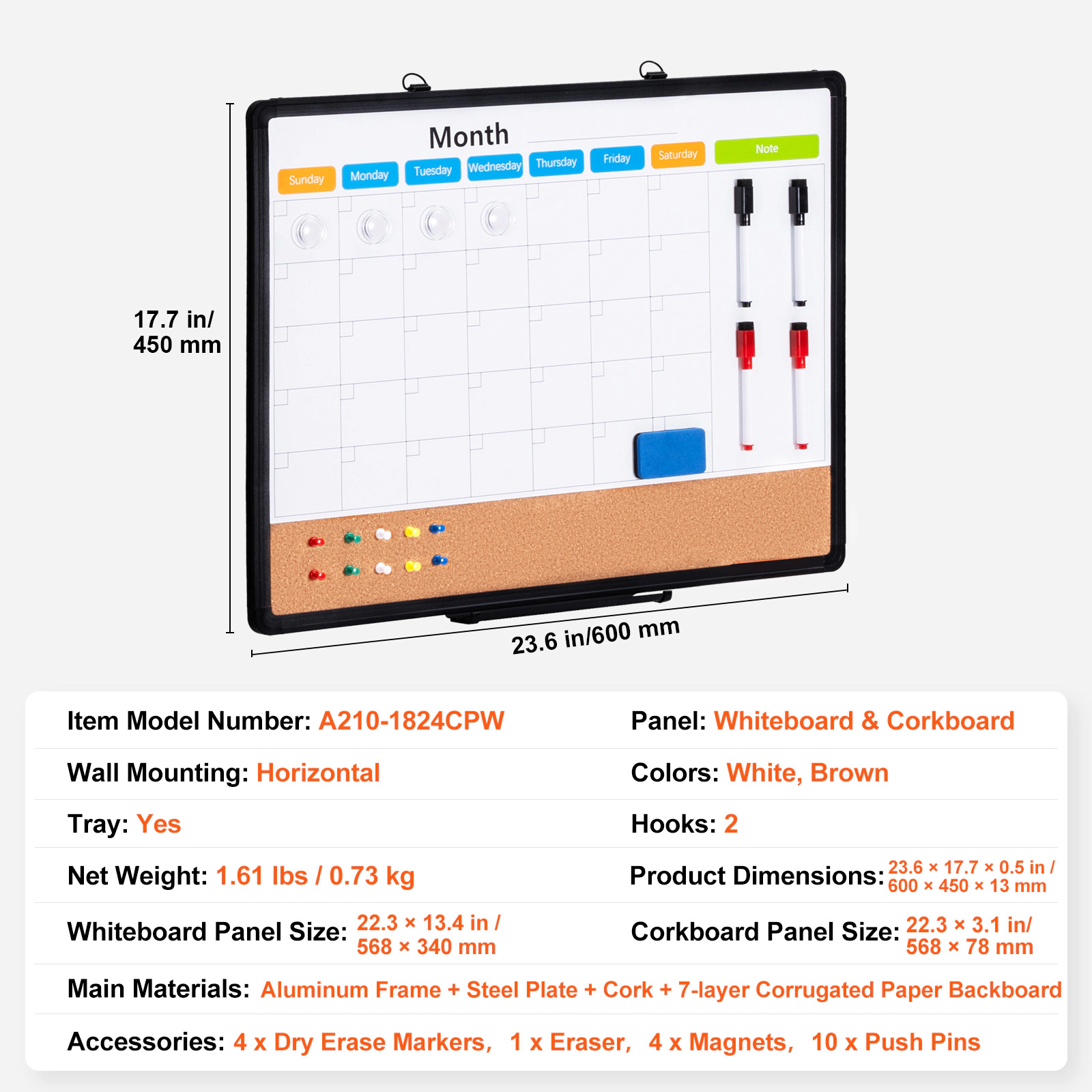 HONGGE Whiteboard & Cork Board Combo with Aluminum Frame – 2-in-1 Magnetic Dry Erase Bulletin Board for Wall Mount –