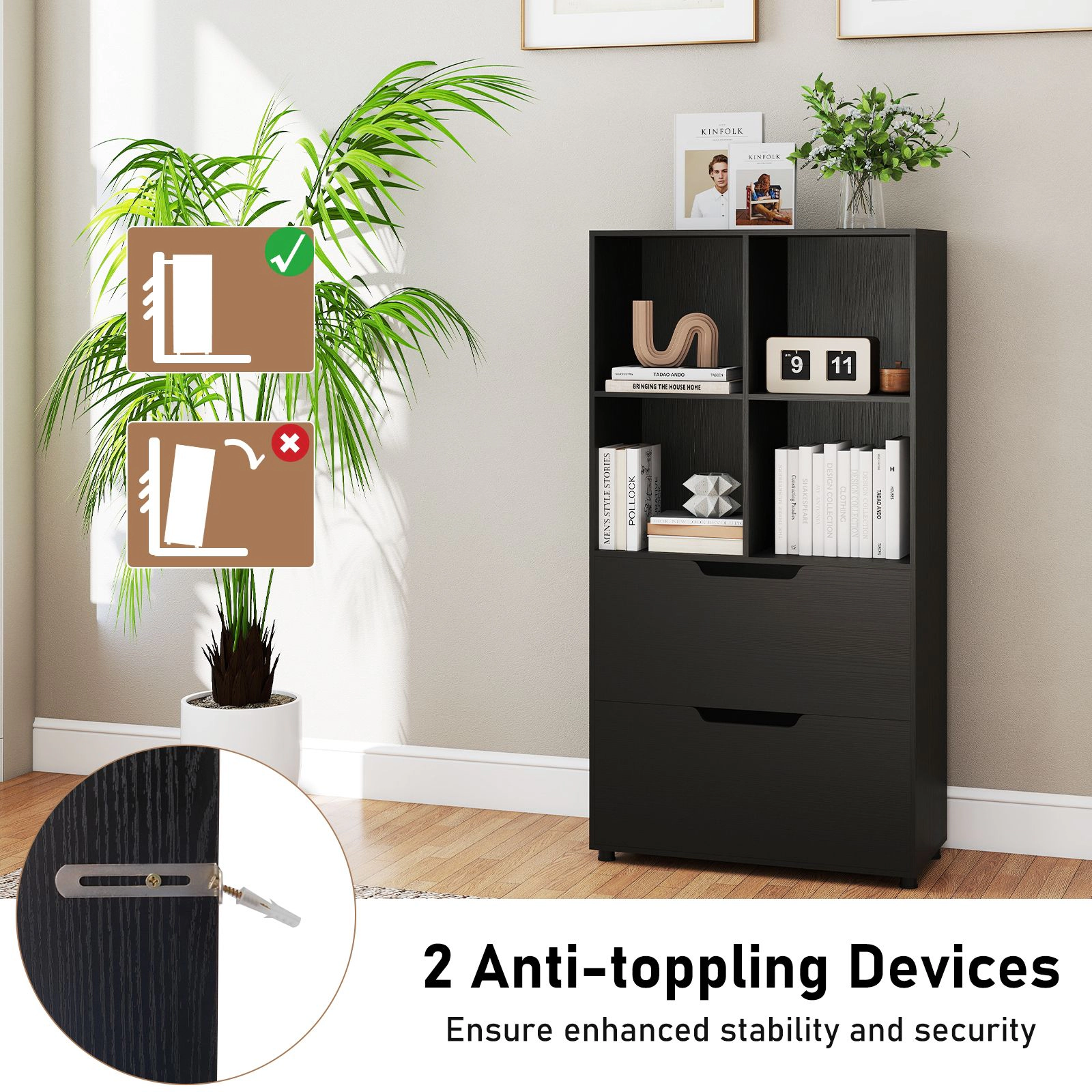 SlickBlue 51 Inch Bookcase with Drawers and Open Cube Storage Shelves