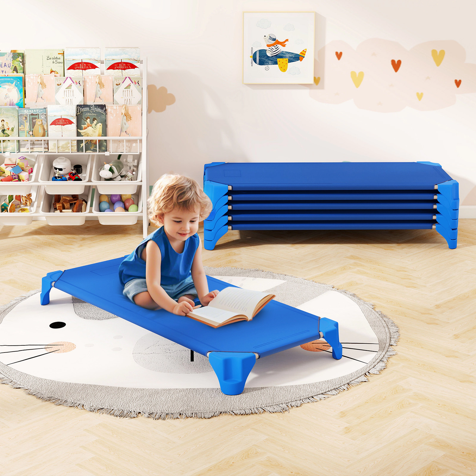 SUGIFT 6-Pack Blue Stackable Daycare Cots, 52 x 23.5 in, Portable Toddler Nap Beds