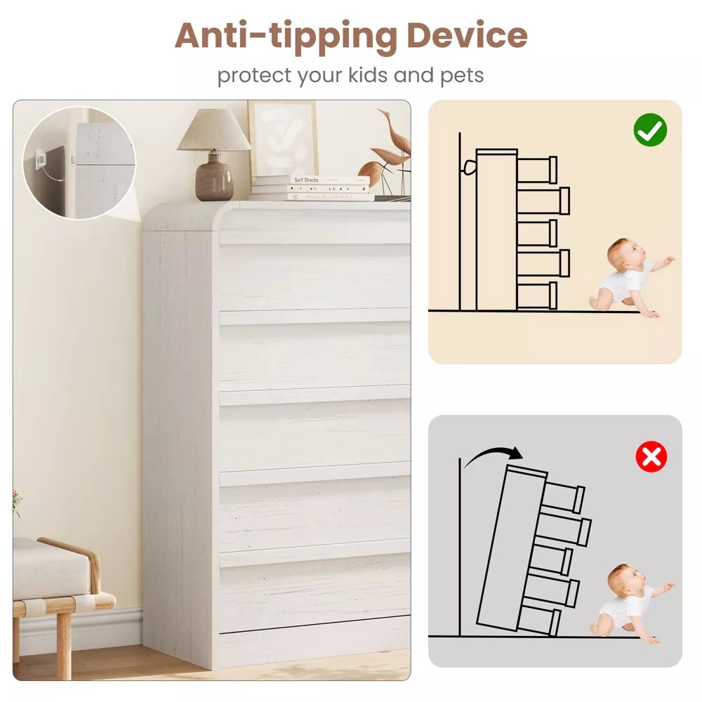 Arched 5 Drawer Wood Dresser with Curved Profile, Modern Storage Chest