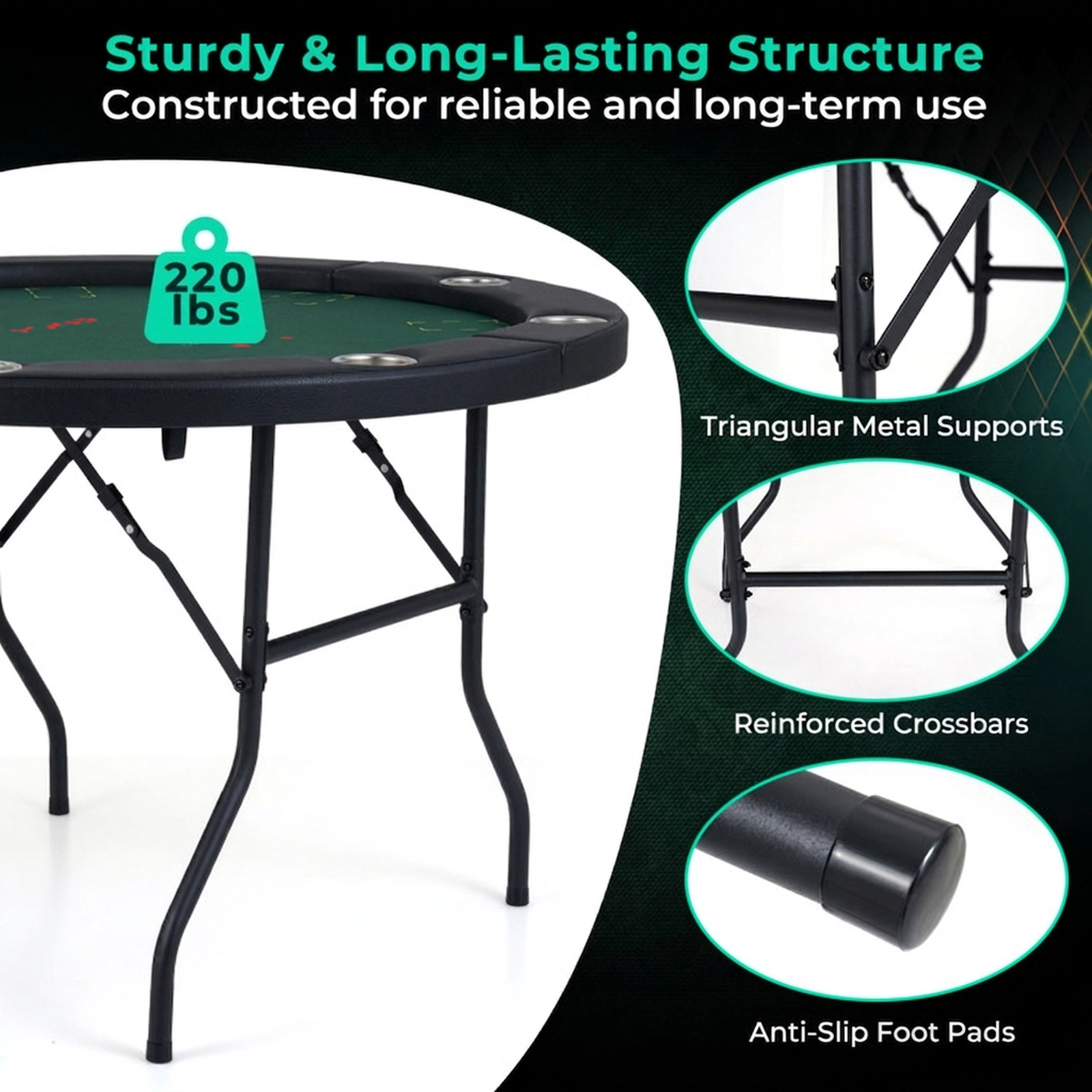 SUGIFT Green Round Foldable Poker Table with 8 Cup Holders and Padded Edges 48-in Dia 30-in H 220-lb Top Capacity