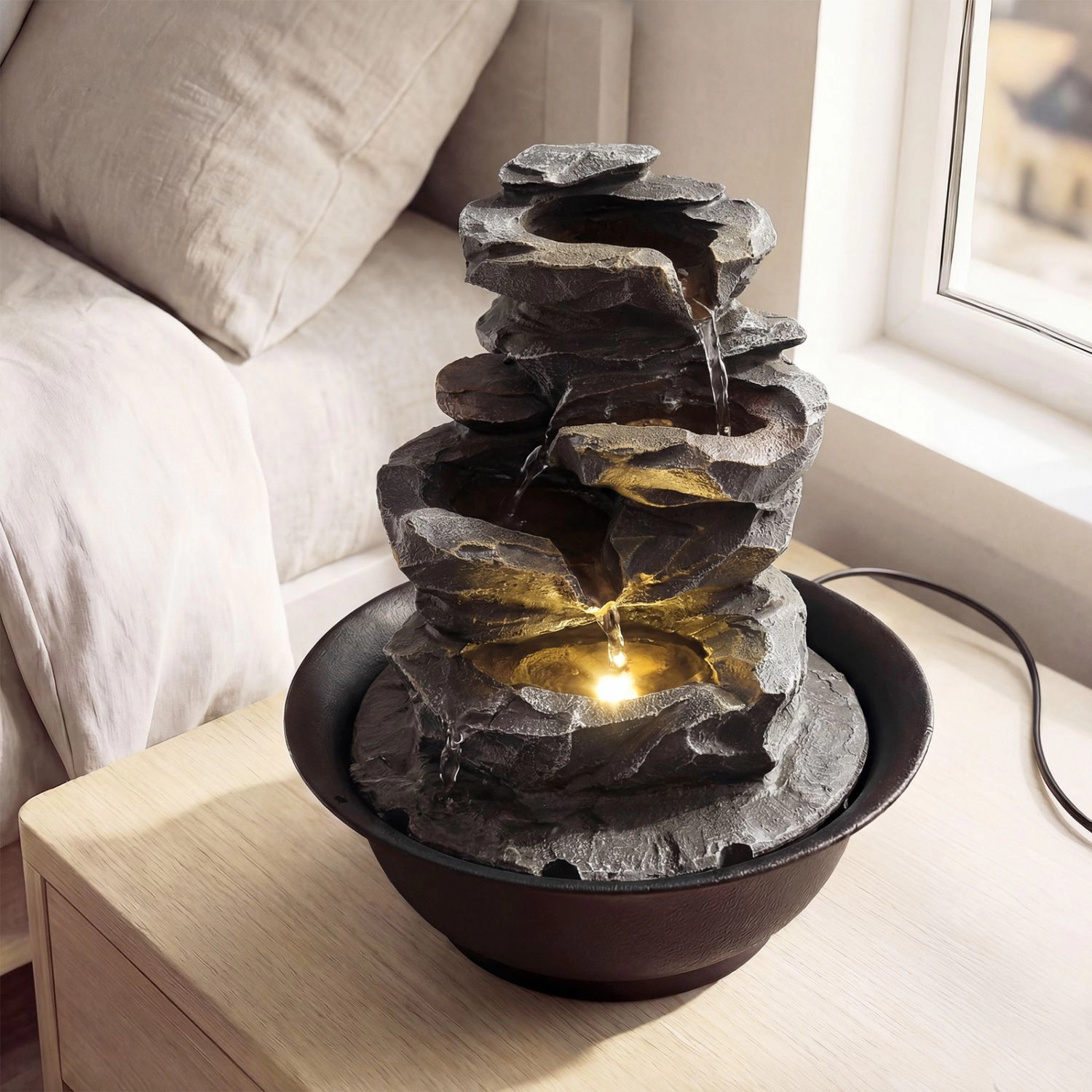 SlickBlue Black Indoor Water Fountain, Resin Cascade Design, LED Light, Quiet Pump, Compact Decor