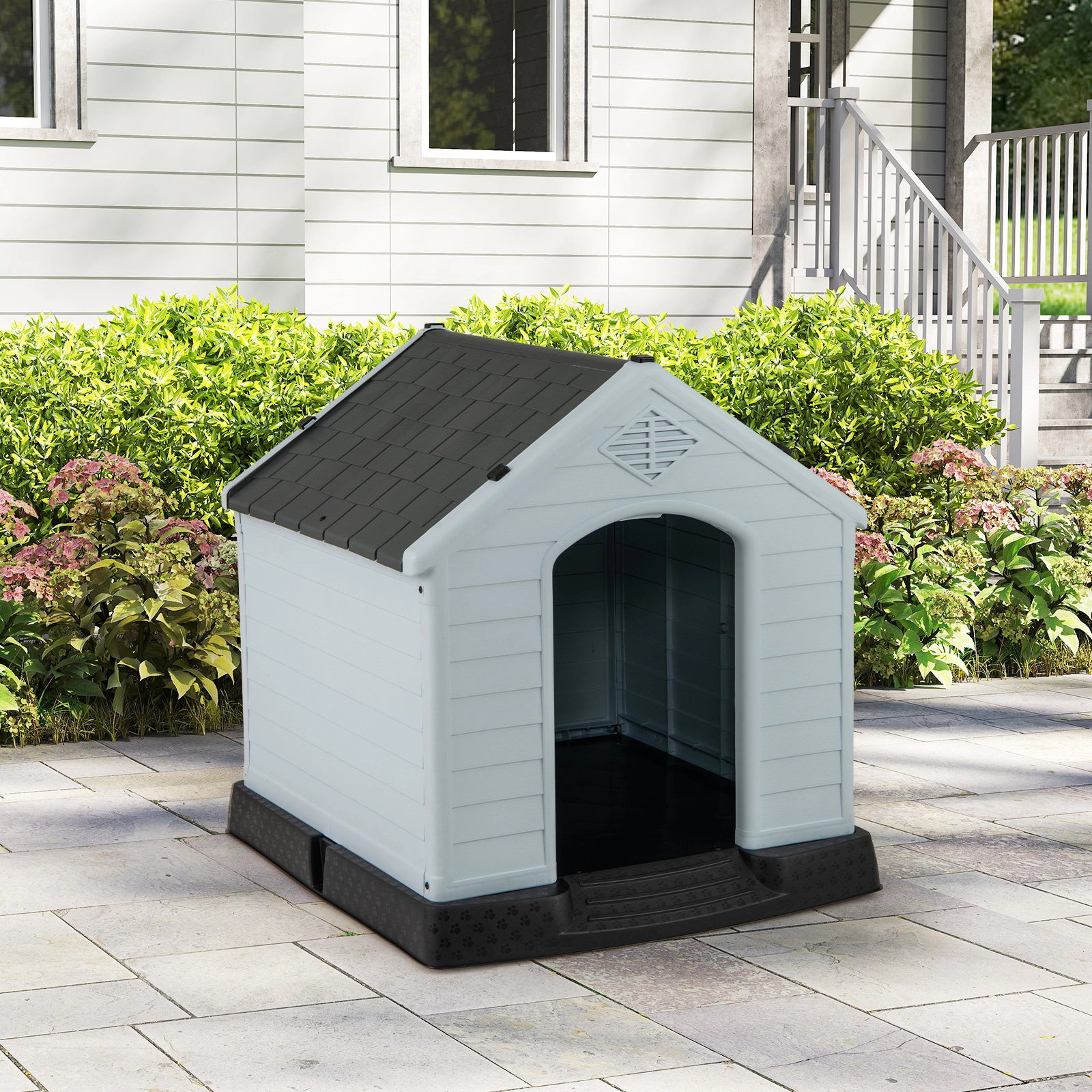 SUGIFT Waterproof Plastic Dog House with Elevated Floor for Small Dogs 28-in Tall Gray+White