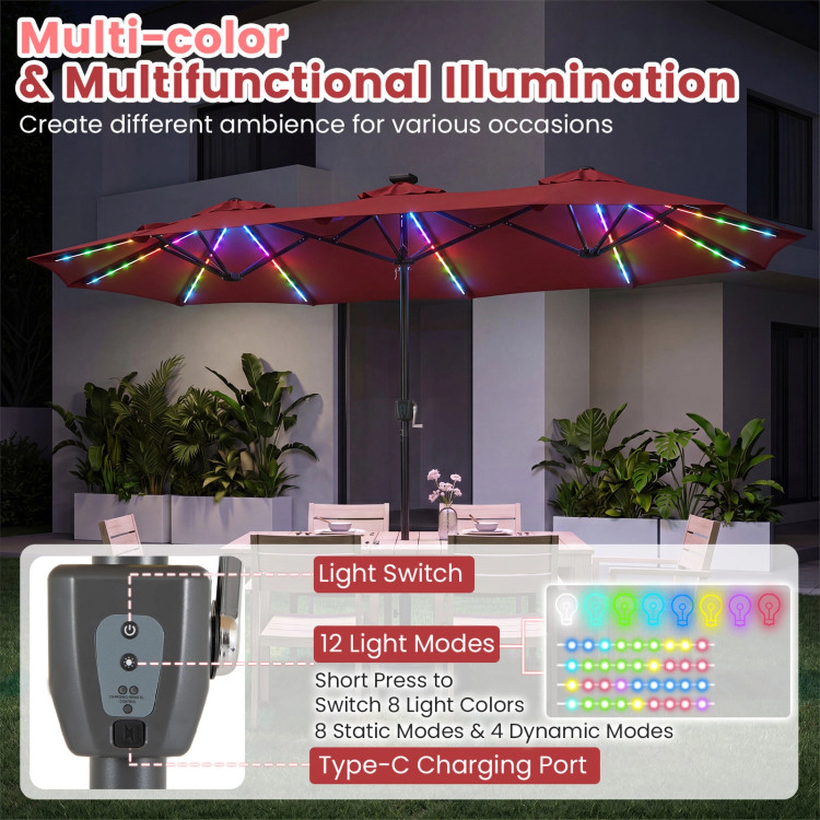 SUGIFT 13-ft Wine Rectangular Double-Sided Solar LED Patio Umbrella, 108 Lights, Crank Lift