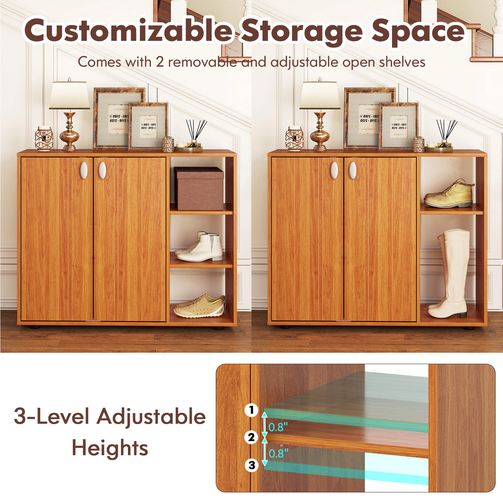 SUGIFT 3-Tier Natural 31.5-in Slim Wood Shoe Cabinet with Doors and Open Side Shelves for Entryway